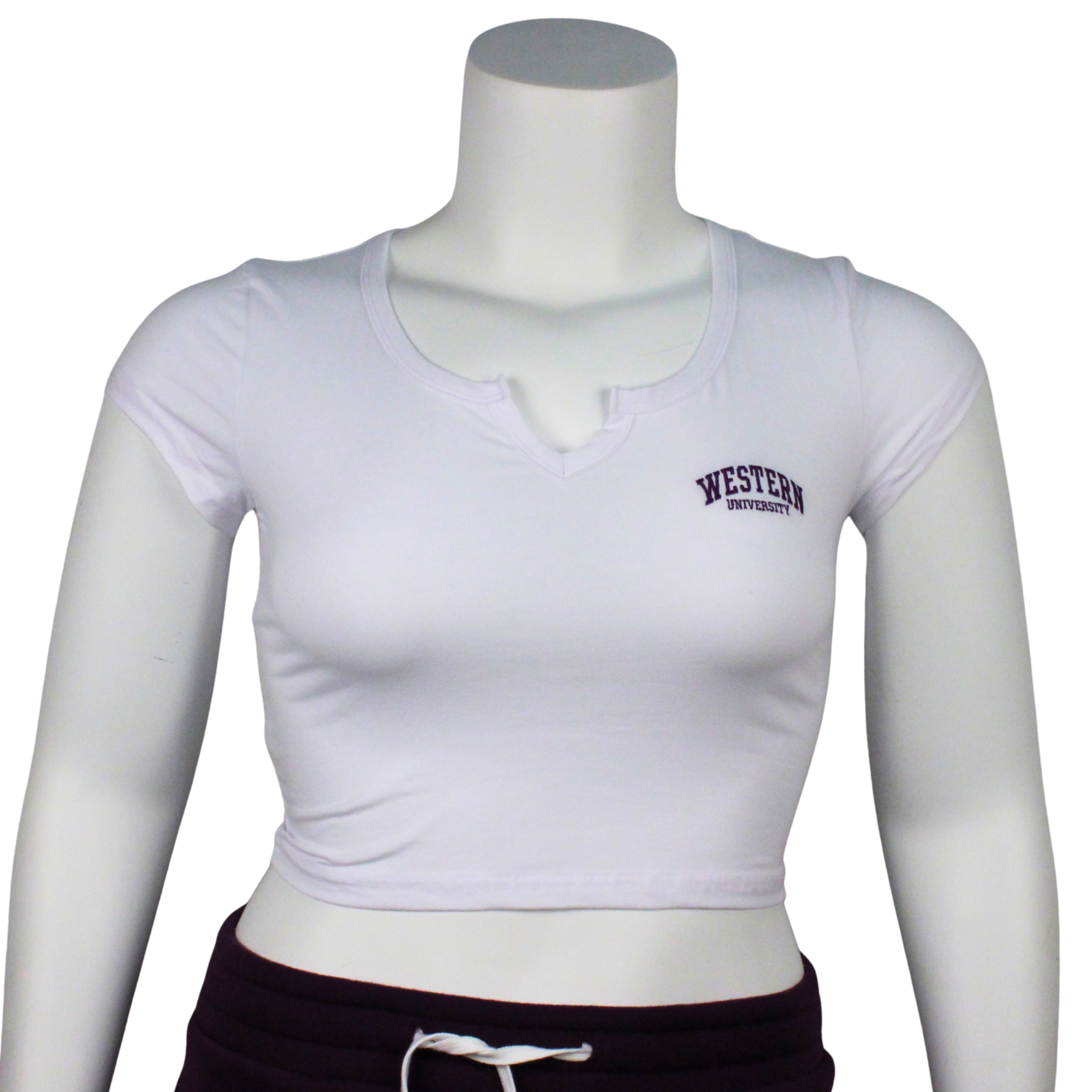 White v-notch tee with Western university embroidered on the left chest in purple.