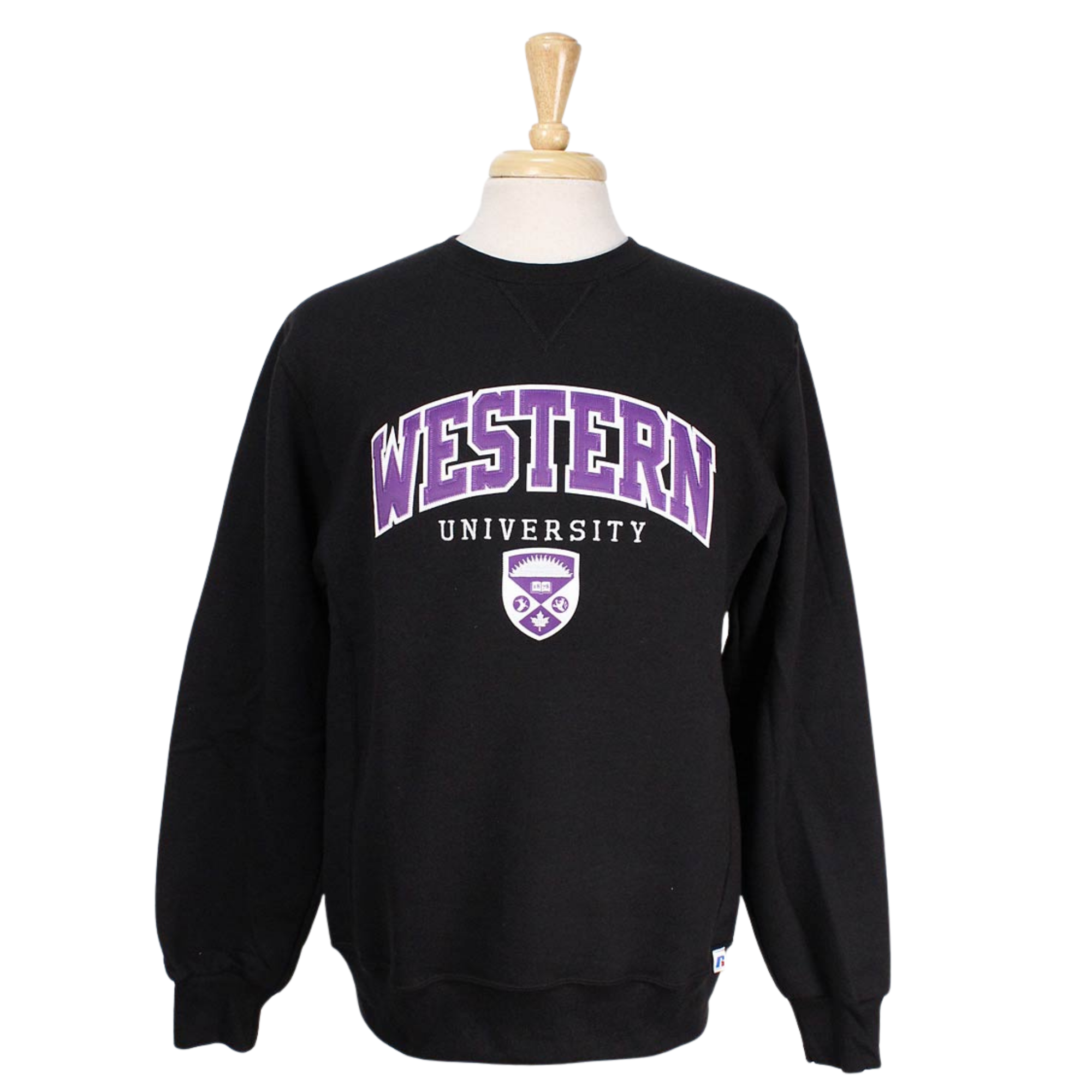 Black Russell Athletic crew neck. Appliqued 'Western' twill font, sublimated crest and embroidered 'University' in white and purple.