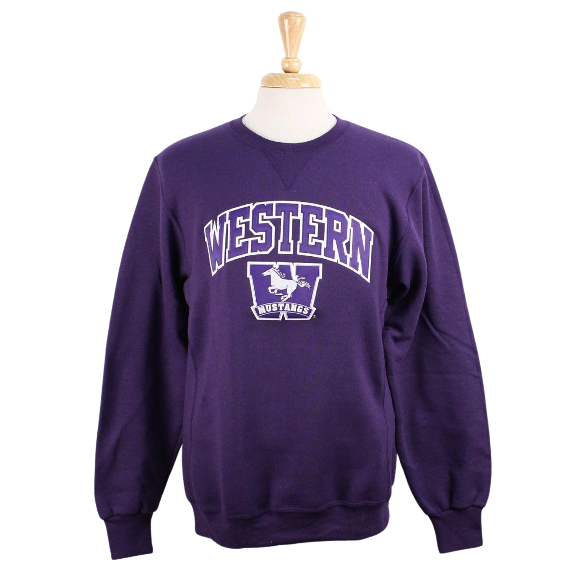 Purple crew neck. Appliqued 'Western' twill font, sublimated Mustangs logo embroidered in white and purple. 