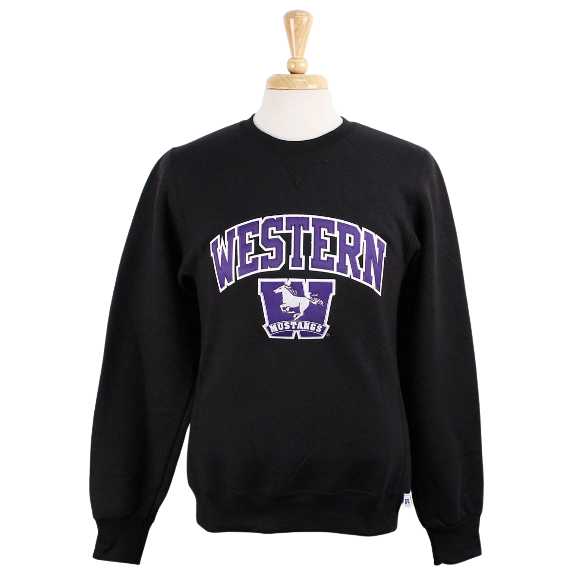 Black crew neck. Appliqued 'Western' twill font, sublimated Mustangs logo embroidered in white and purple.