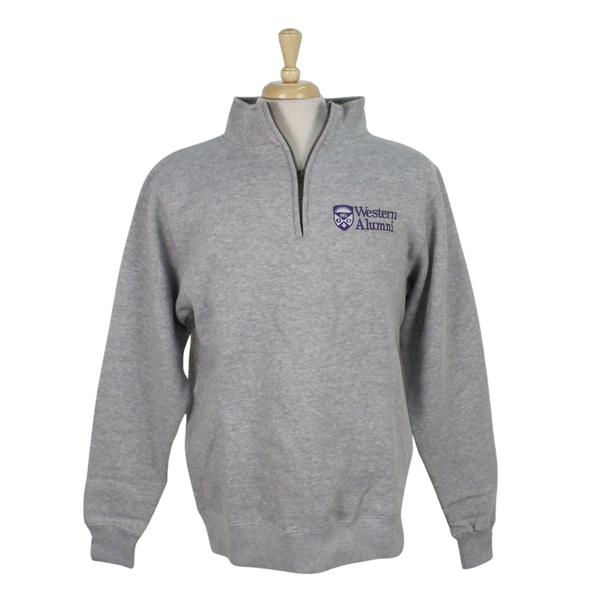 Grey 1/4 zip with Western Alumni and Crest logo embroidered on the left chest.