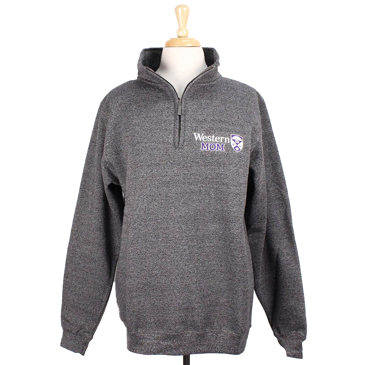 Charcoal pepper 1/4 zip with Western Mom embroidered on left chest.
