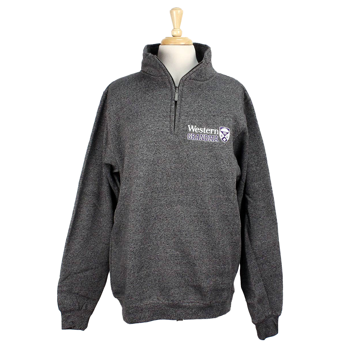 Charcoal pepper 1/4 zip with Western Grandma embroidered on left chest.