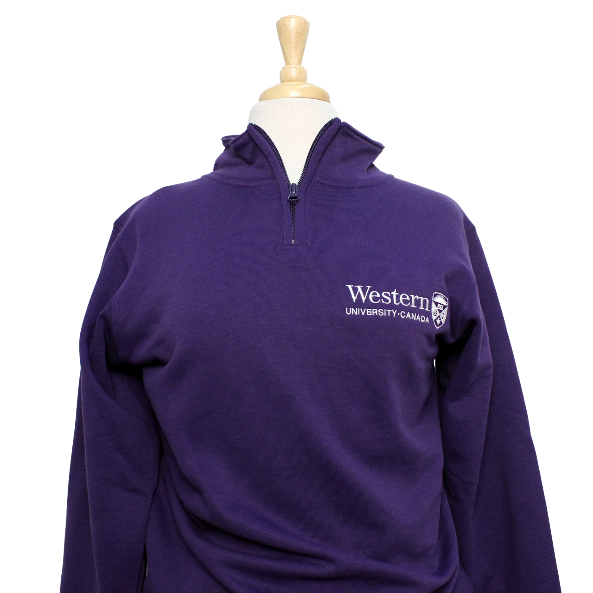 Purple 1/4 zip with "Western University" and Crest logo embroidered on the left chest.