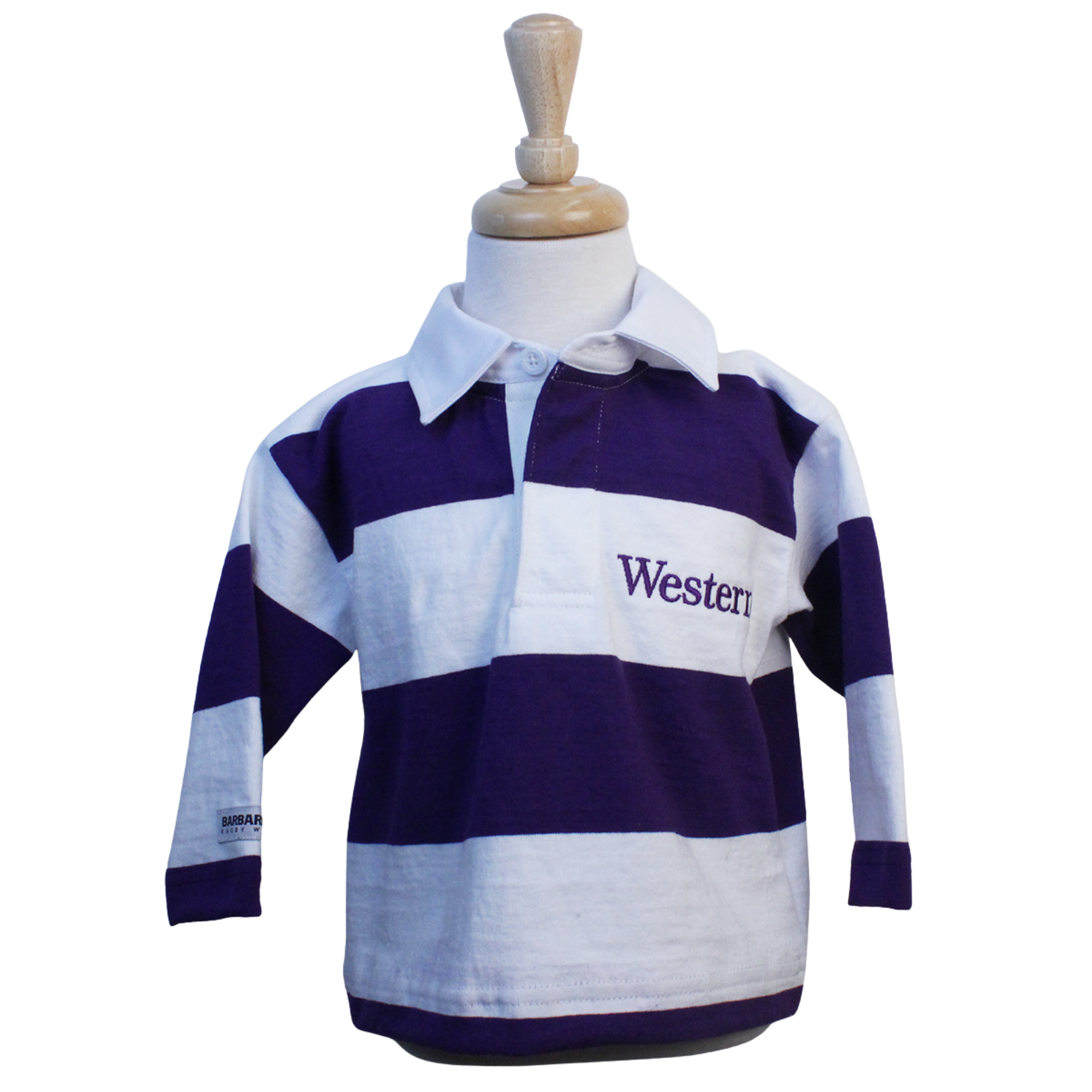 White and purple striped rugby toddler shirt with Western embroidered on the left chest.