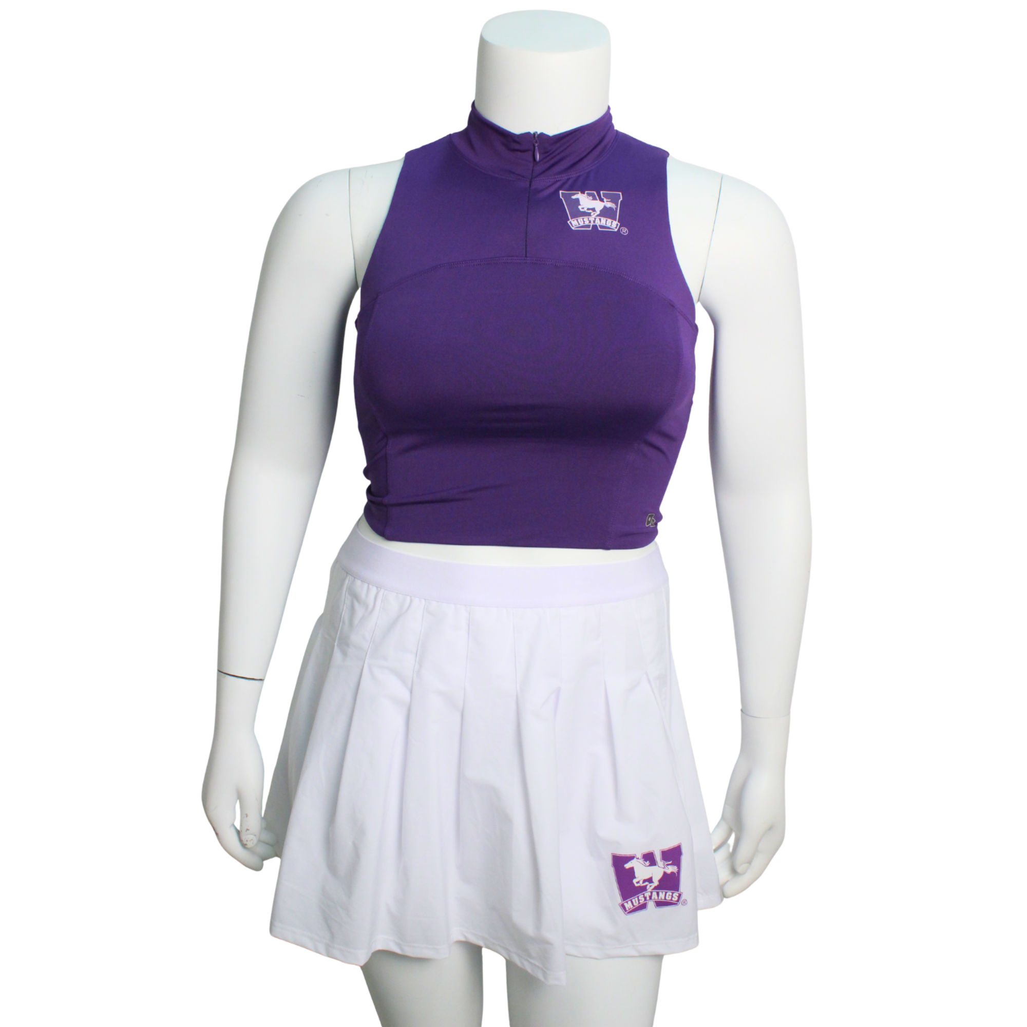 Purple high neck tank top with 1/4 zipper. Mustangs logo printed on the left chest.