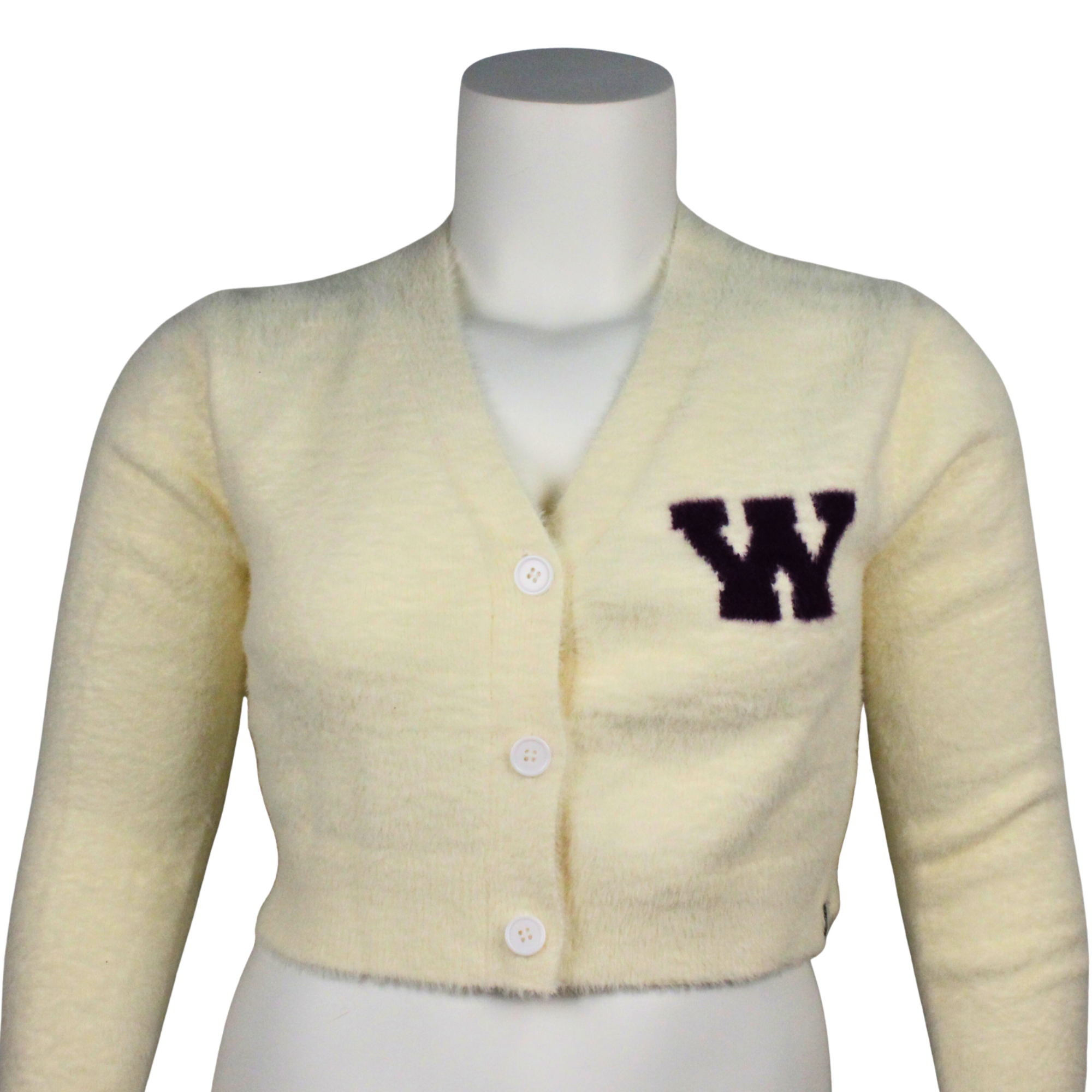 Fuzzy cream cropped cardigan with purple W on left chest.