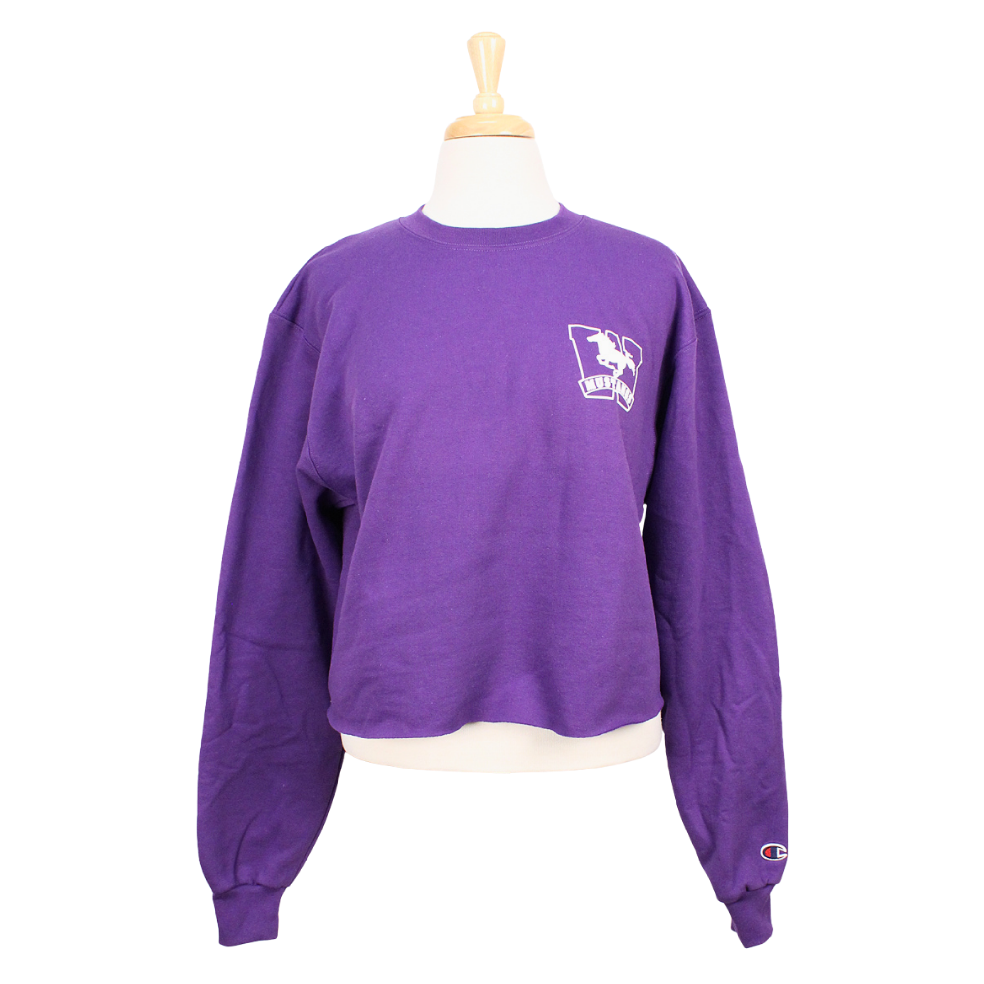 Purple Champion cropped crew neck with Mustangs logo screen printed on left chest.