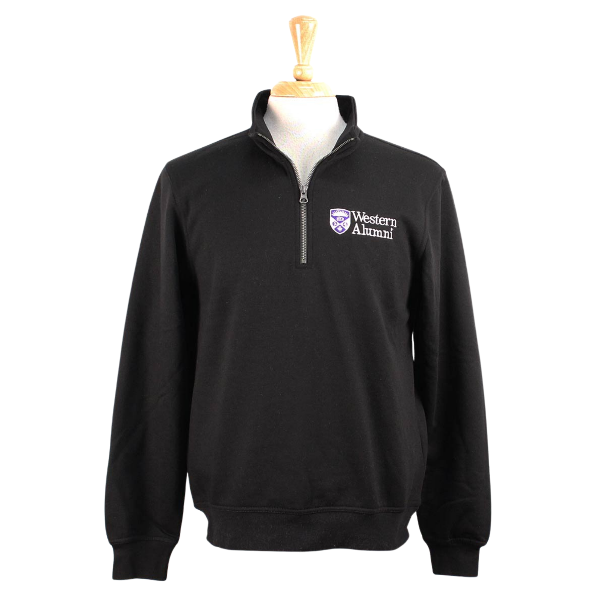 Black 1/4 zip with 'Western Alumni' and crest embroidered in purple and white on left chest.