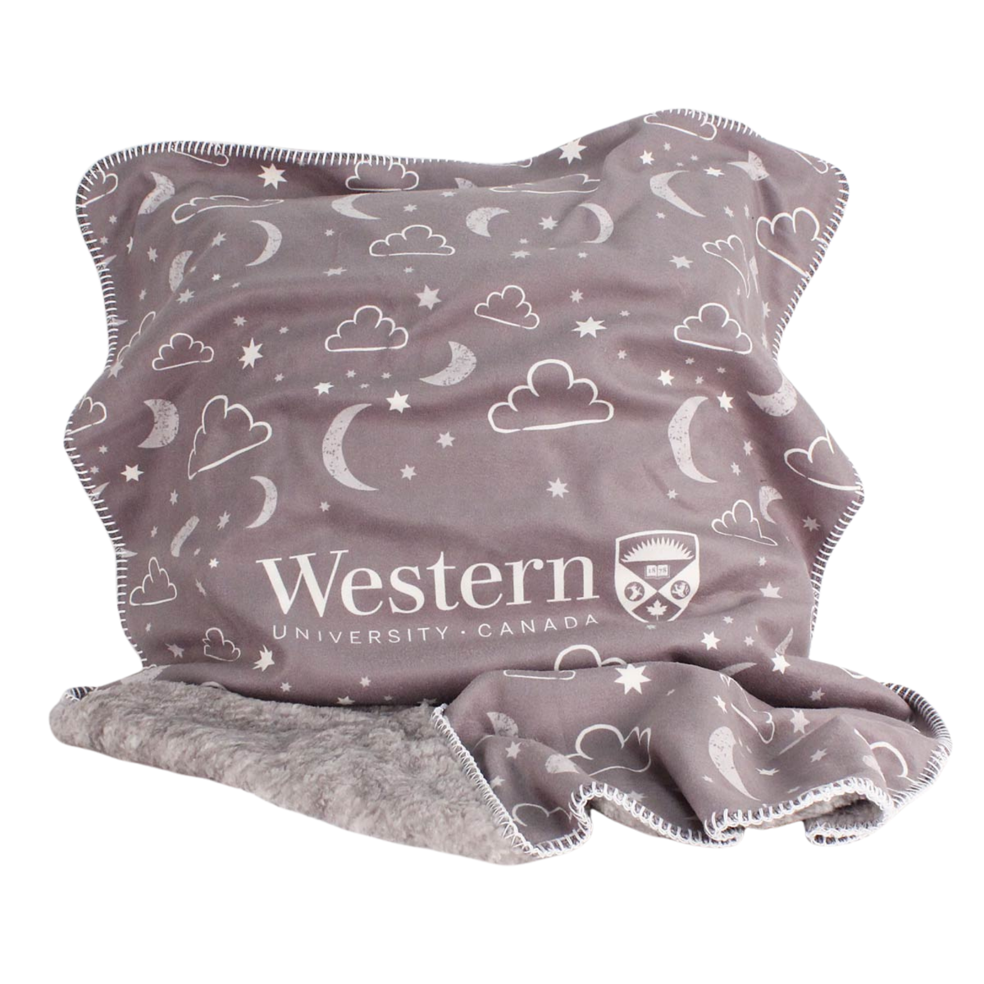 Infant blanket with Western crest logo and moons, starts and clouds design. Soft underside.