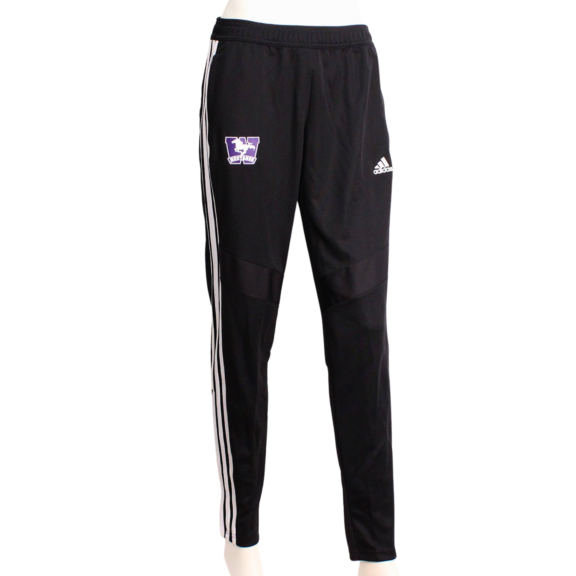 Women's black Adidas tapered pants with Mustang logo and classic Adidas stripes running down the leg.