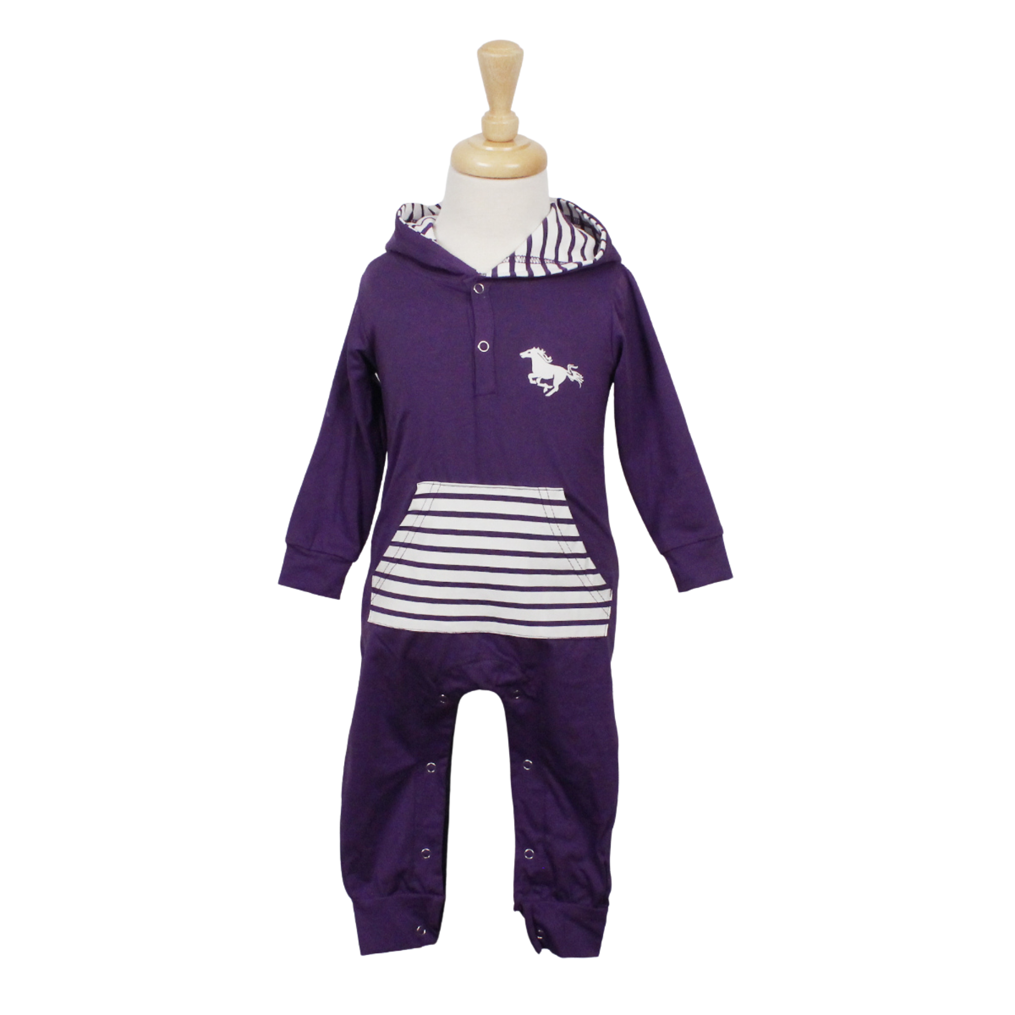 Purple striped baby sleeper with Mustangs logo on the front and on the back of the bum.