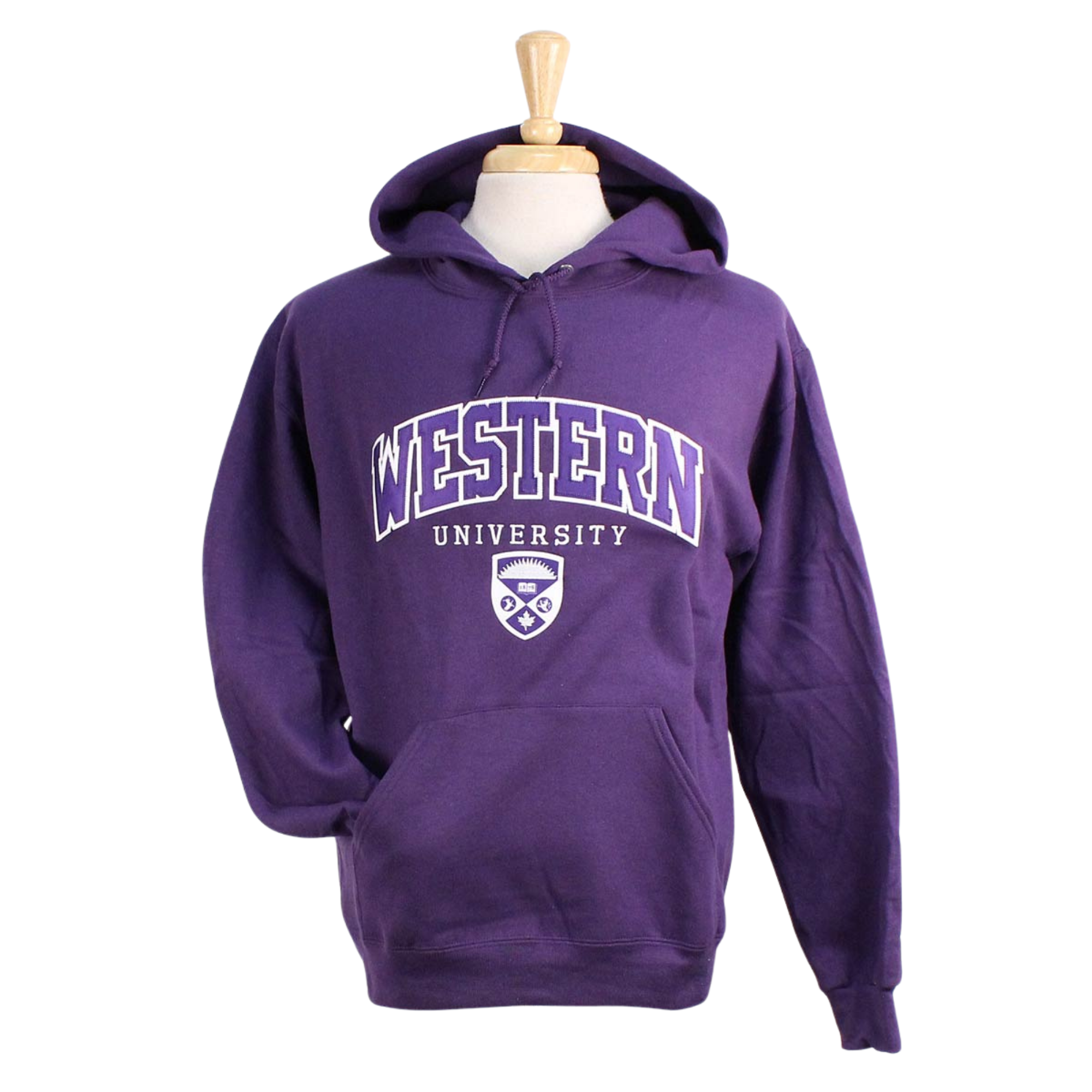 Purple hood with front pocket. 'Western' twill font and sublimated crest appliqued in white and purple. 'University' embroidered in white. 