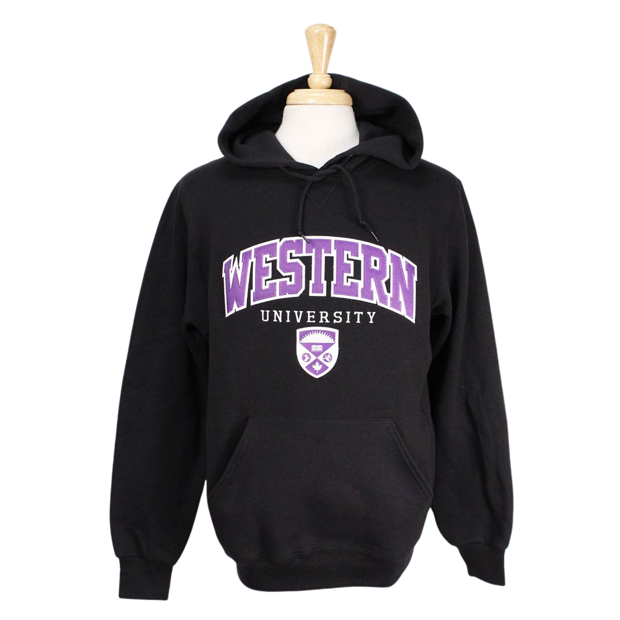 Black hood with front pocket. 'Western' twill font and sublimated crest appliqued in white and purple. 'University' embroidered in white.