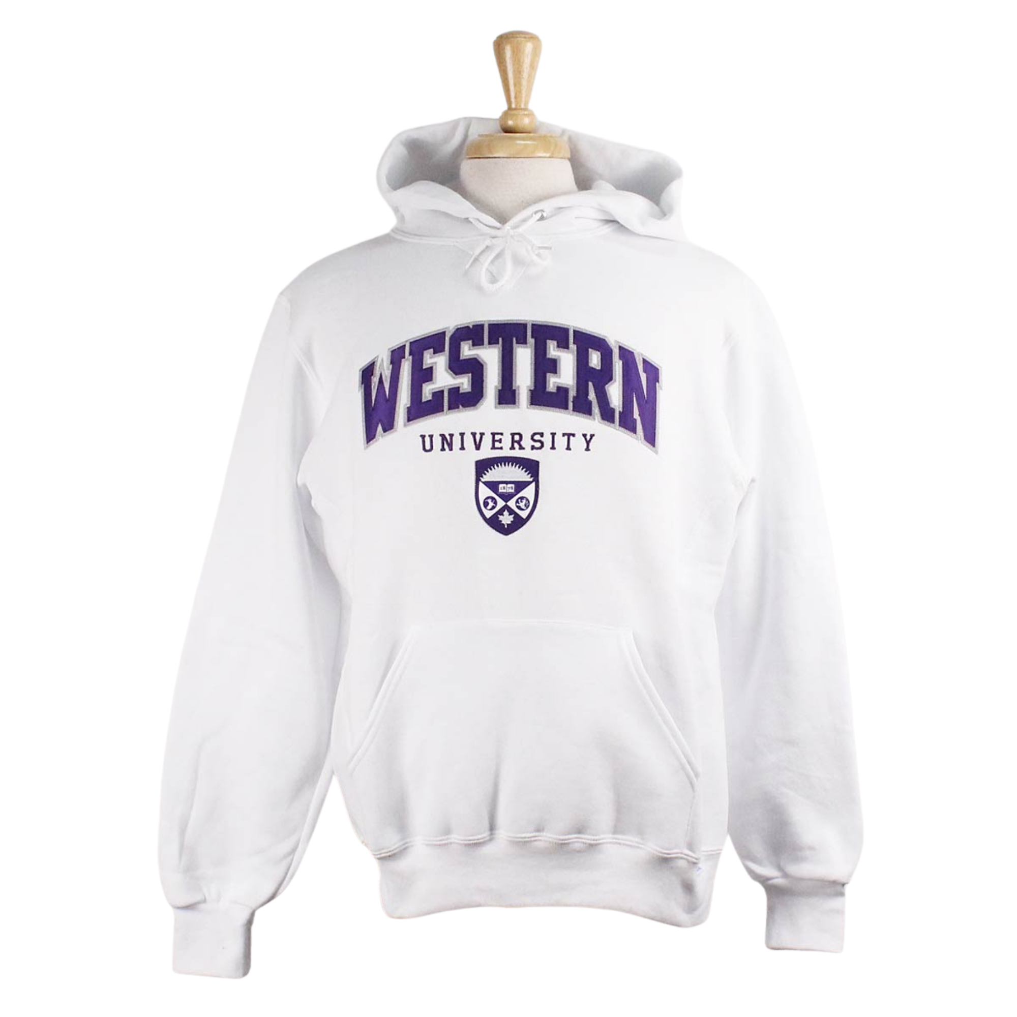 White hood with front pocket. Purple and grey 'Western' twill font and sublimated crest appliqued in white and purple. 'University' embroidered in purple.