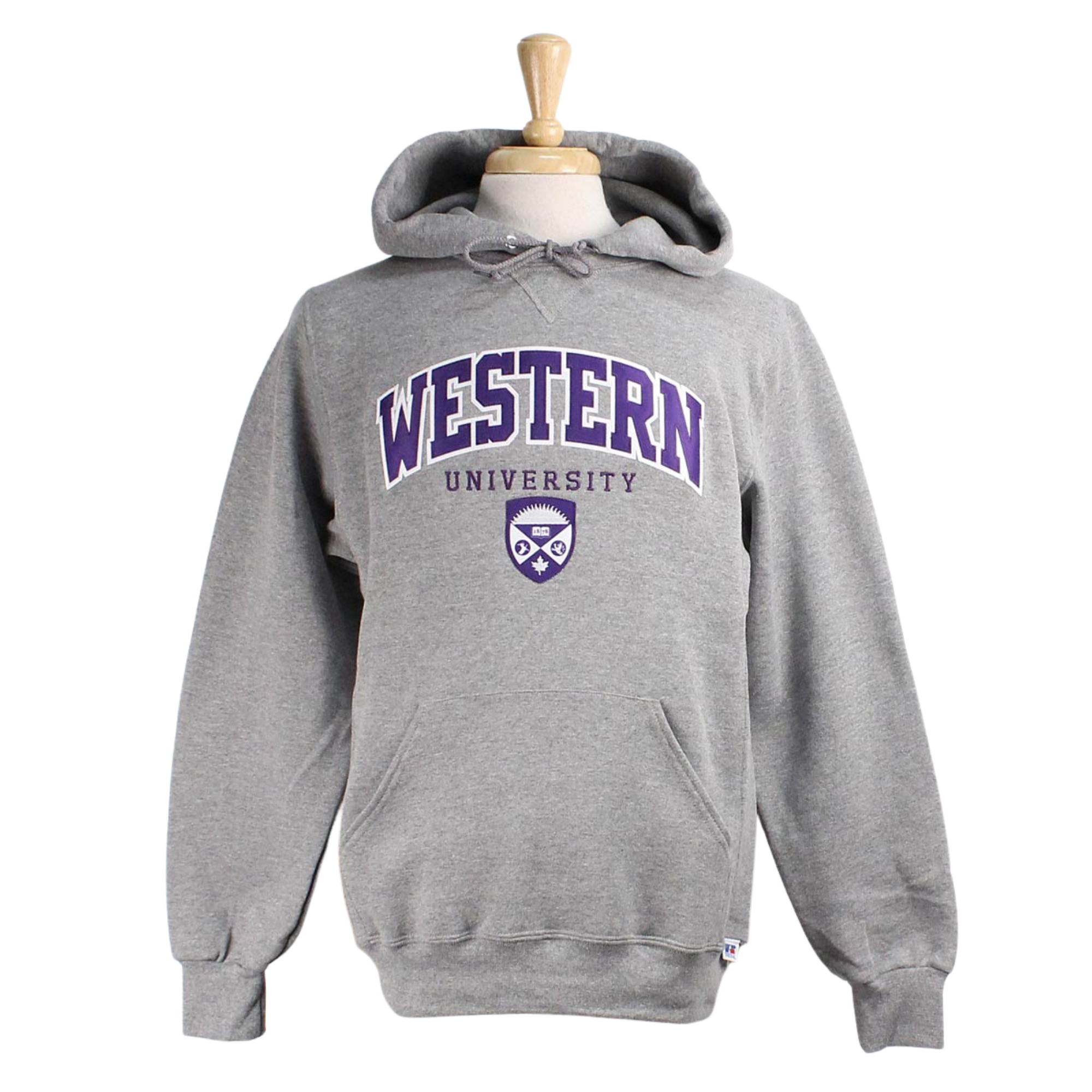 Grey hood with front pocket. 'Western' twill font and sublimated crest appliqued in white and purple. 'University' embroidered in purple. 