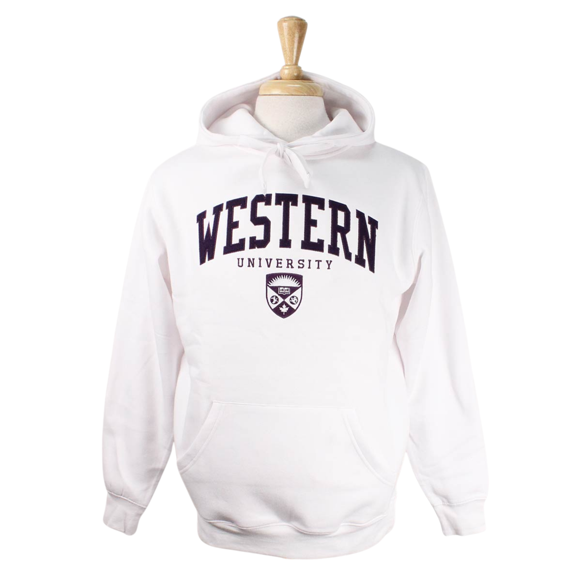 White hood with front pocket. 'Western' appliqued font in dark purple felt.  'University' and crest embroidered in white and purple.