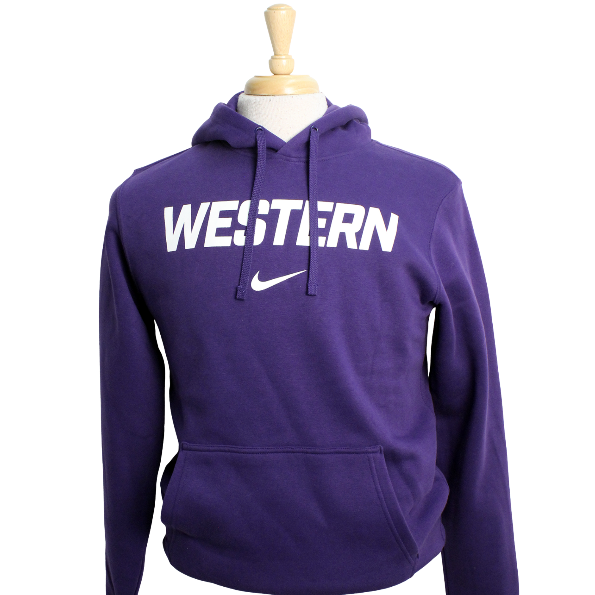 Purple hood with "Western" script and the Nike logo printed underneath.