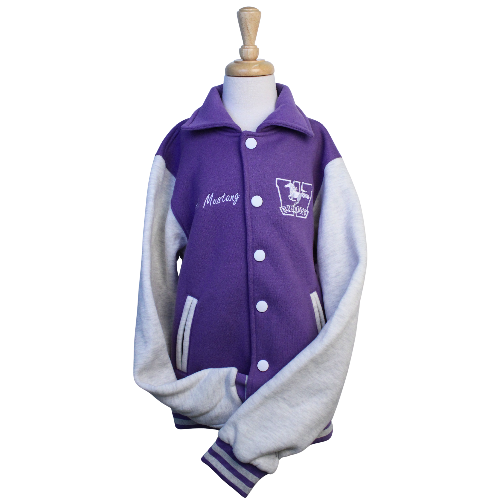 Purple and grey varsity jacket with pockets and snap button closures. "Little Mustang" embroidered on the right chest. Mustangs logo embroidered on the left chest.