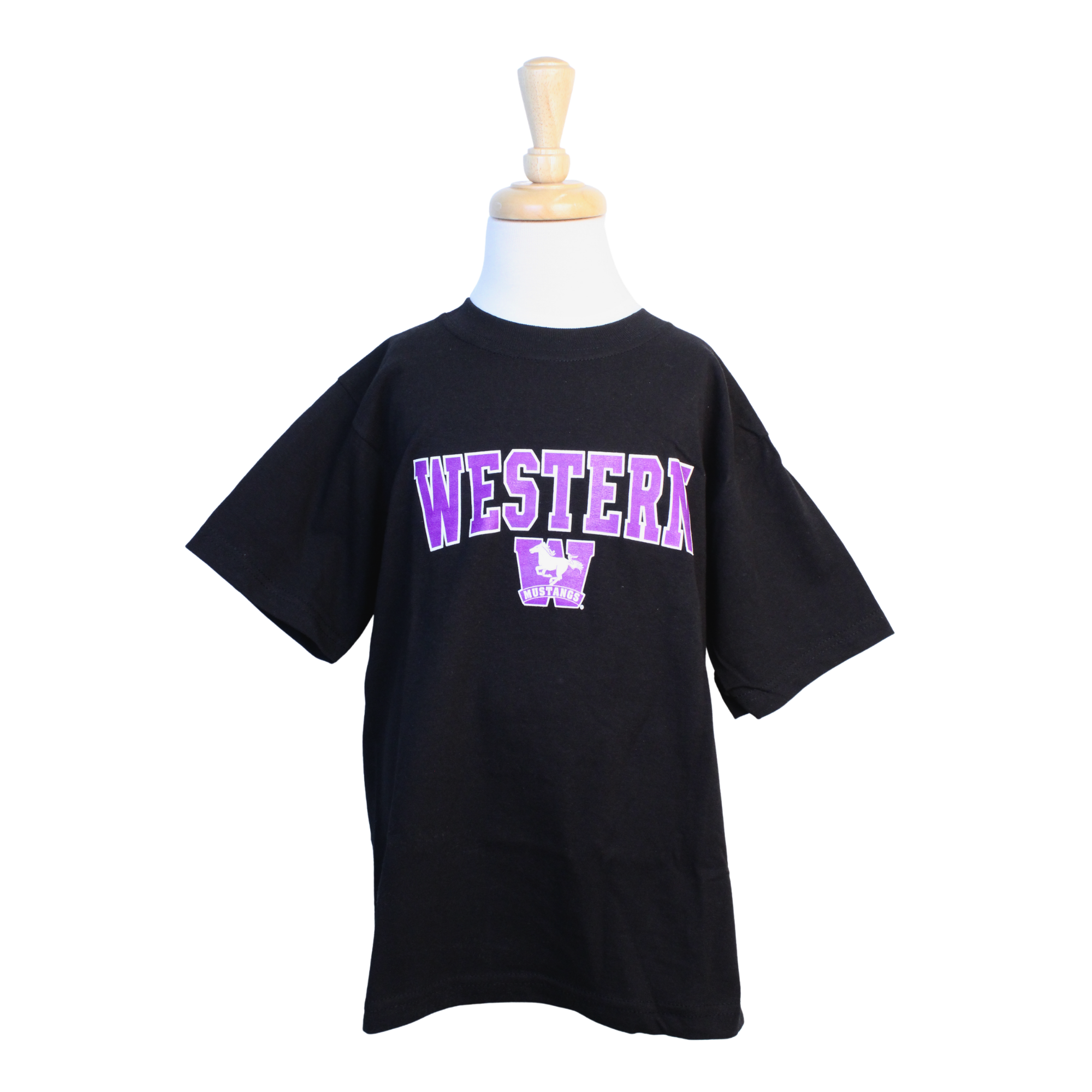 Black tee with "Western" script and the Mustangs logo printed on the front.