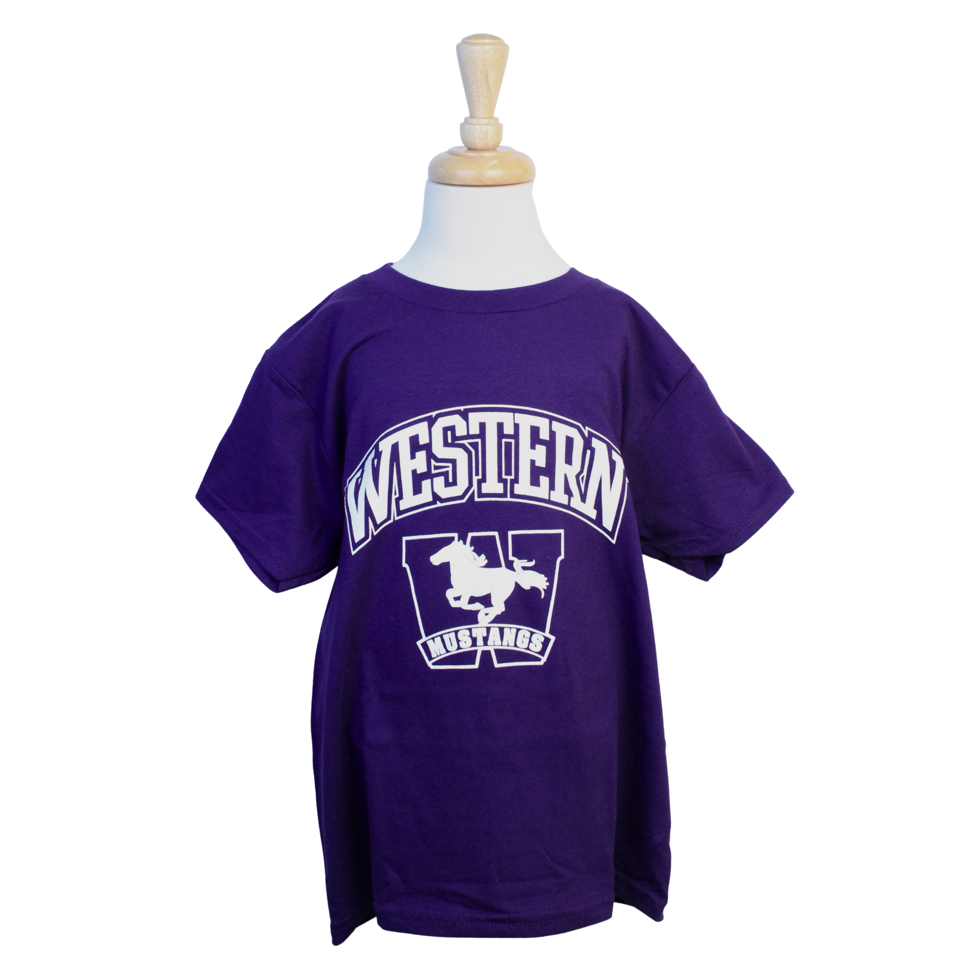 Purple tee with "Western" script and Mustangs logo printed on the front. 
