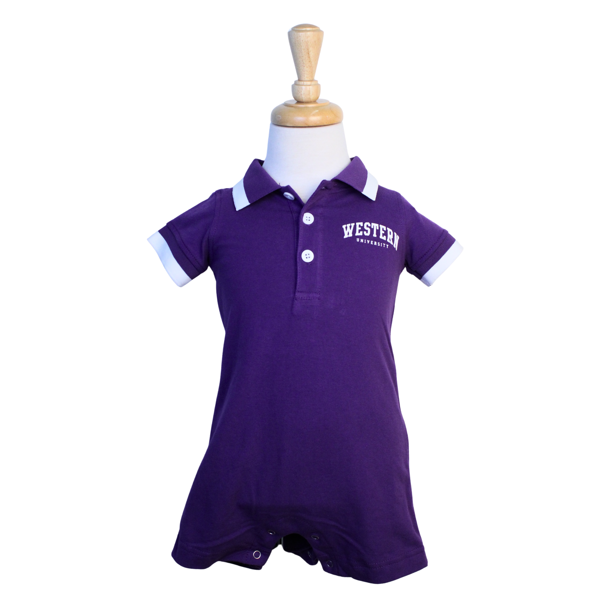 Purple baby romper with white striped collar and cuffed sleeves. "Western University" printed on the left chest.