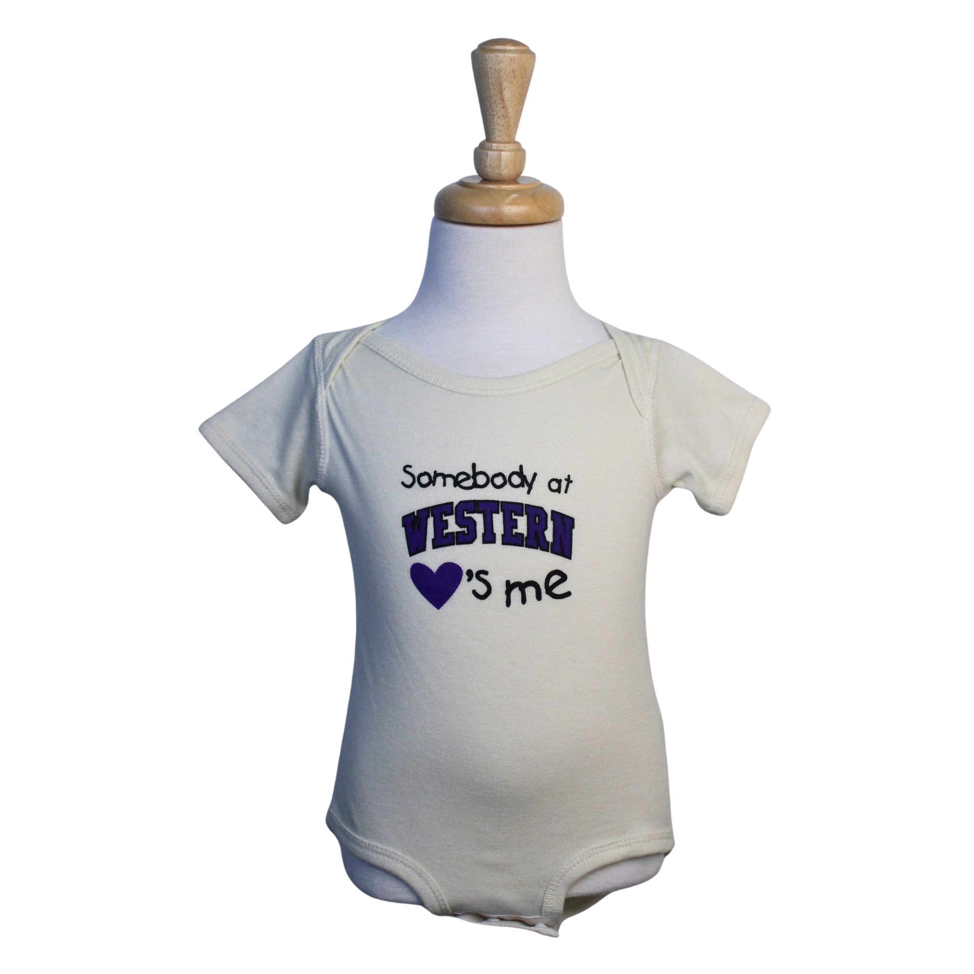 Heather beige baby onesie with "Somebody at Western love's me" script printed on the front. 