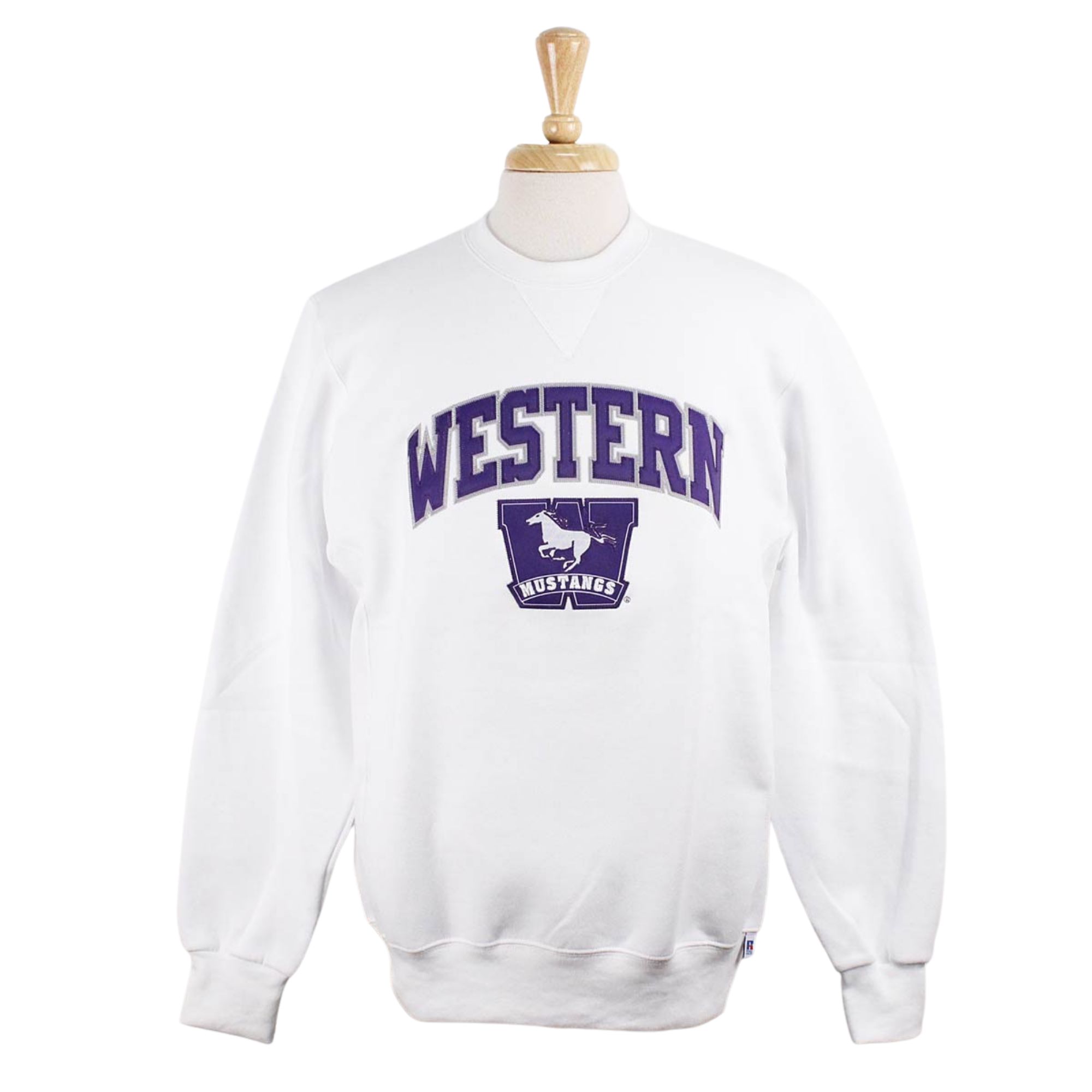White crew neck. Appliqued 'Western' twill font, sublimated Mustangs logo embroidered in white and purple.