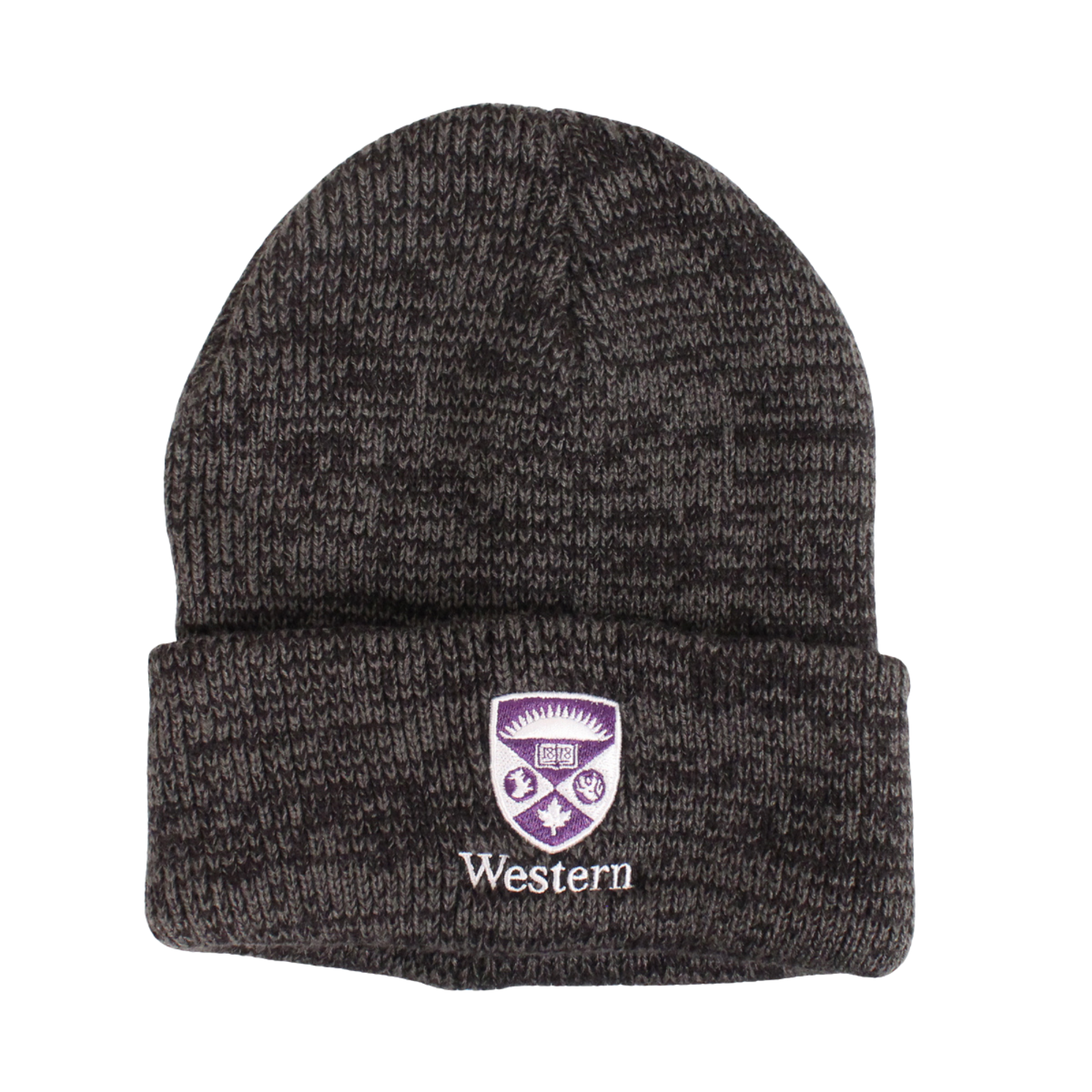 Black heather knit toque with 'Western' and stacked crest embroidered on front in purple and white. One size.