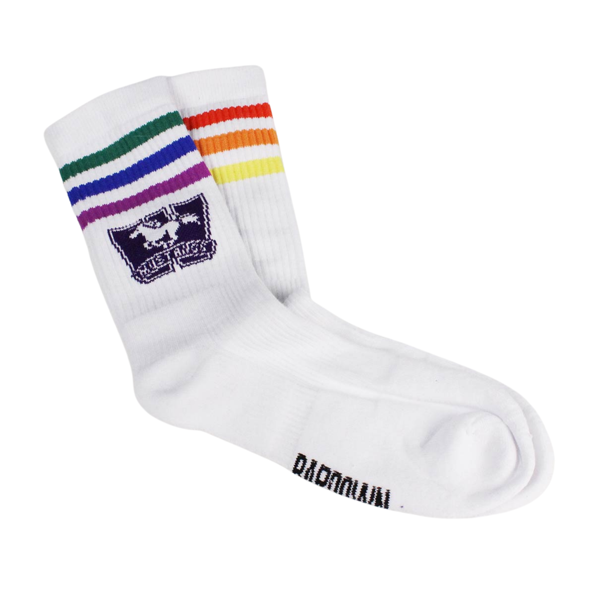 White socks with purple Mustangs logo on both socks and rainbow colours on top. 
