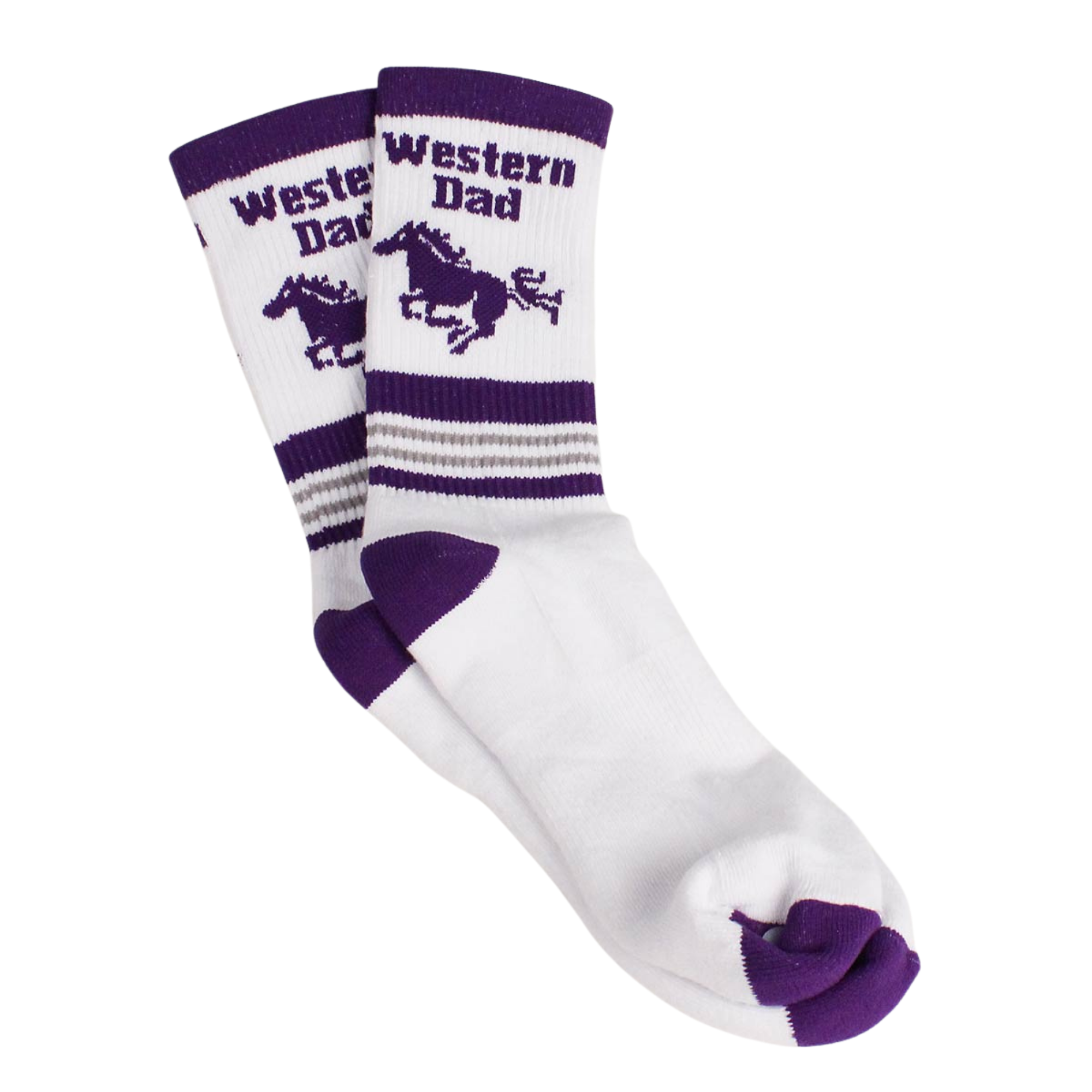 White and purple socks with 'Western Dad' and mustang in purple on the top.