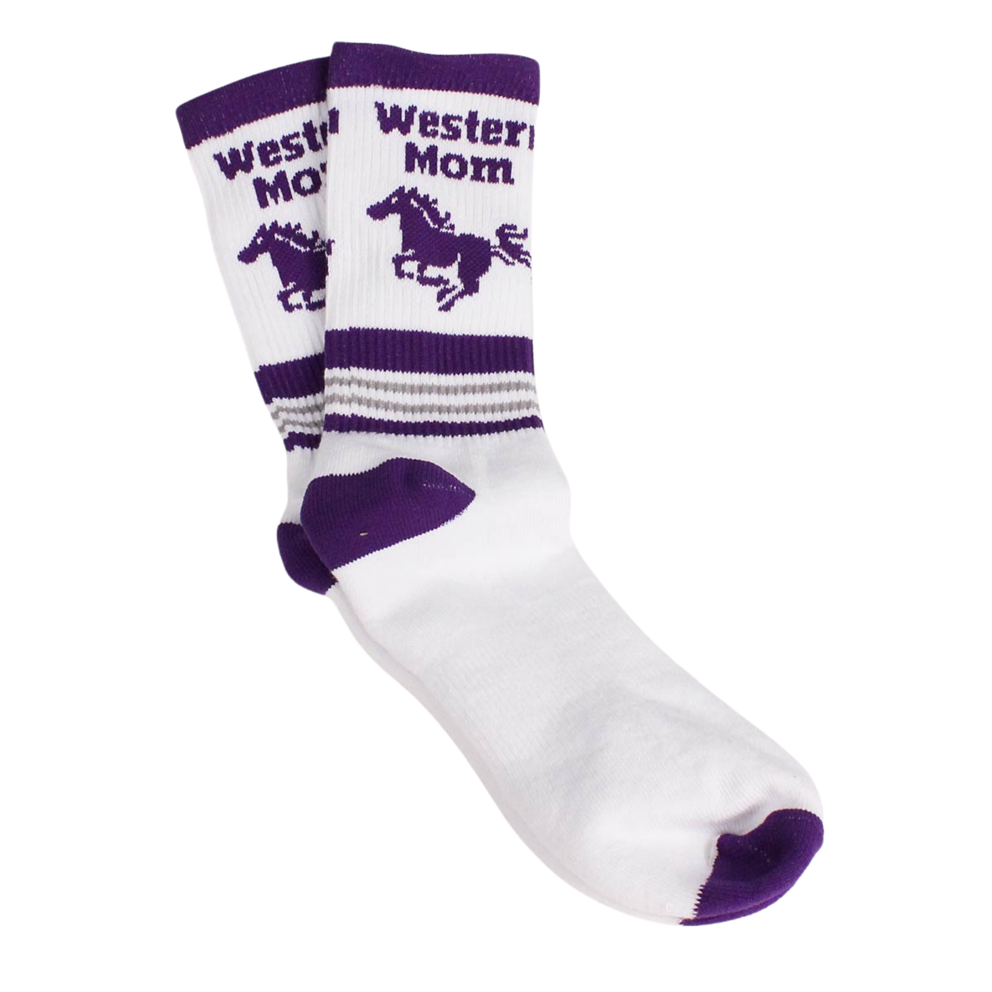 White and purple socks with 'Western Mom' and mustang in purple on the top. 