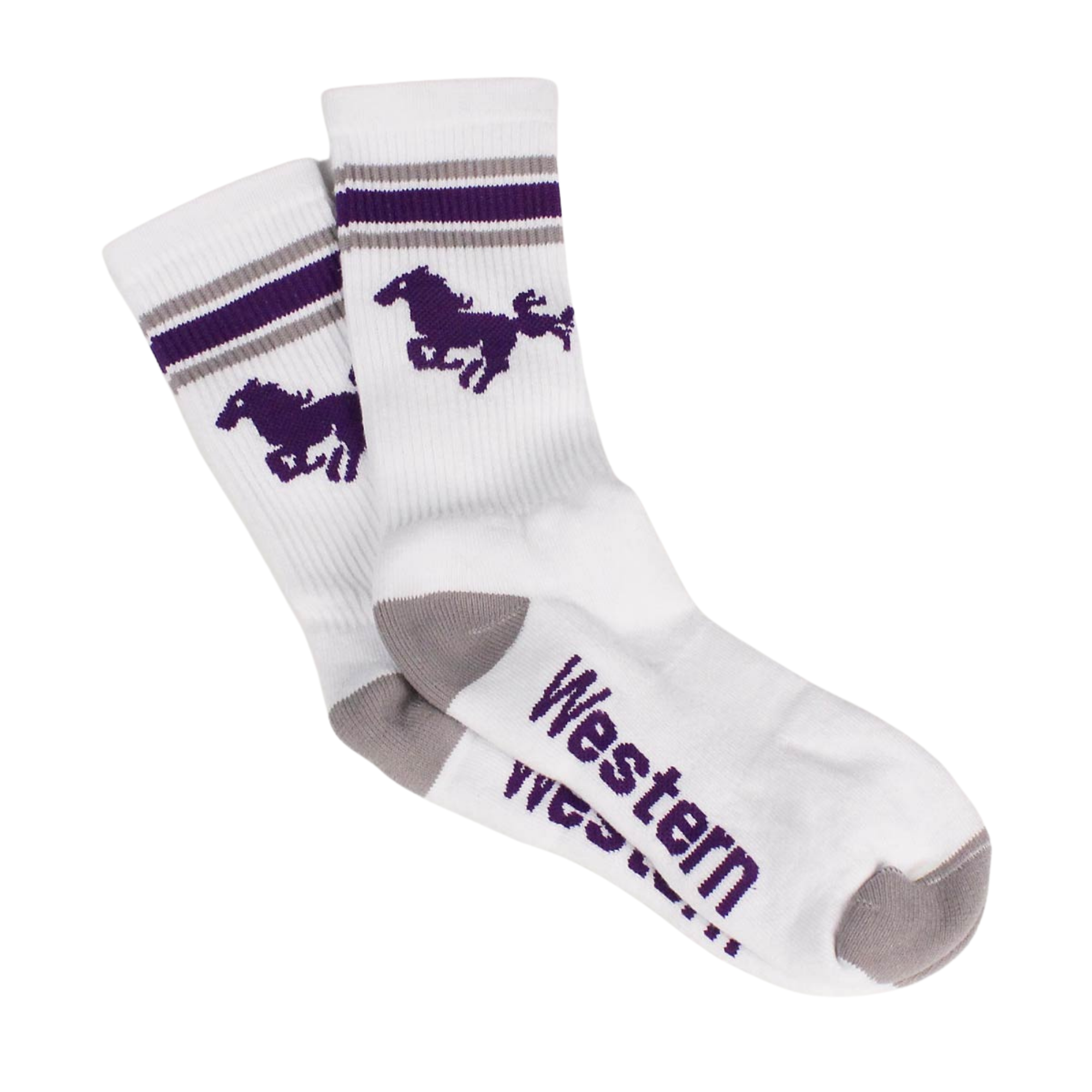 White, grey and purple socks with purple 'Western' knit on the sock bottom and mustang image on the top. 