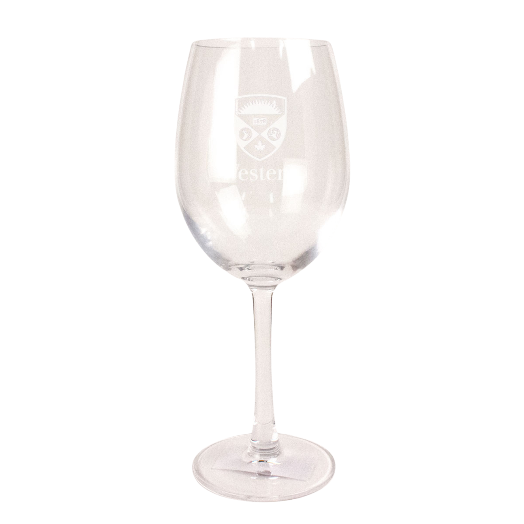 Arlington wine glass with stem. The Western Crest logo is engraved on the front. 16 oz capacity.