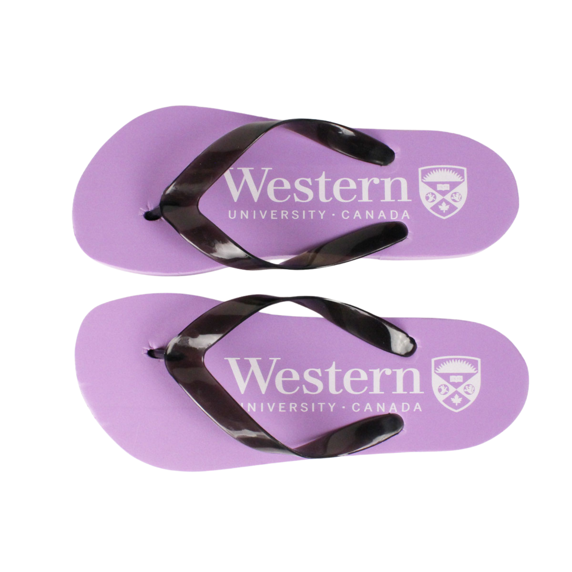 Purple flip flops with white "Western" script and the Crest logo screen printed on top of each flip flop.