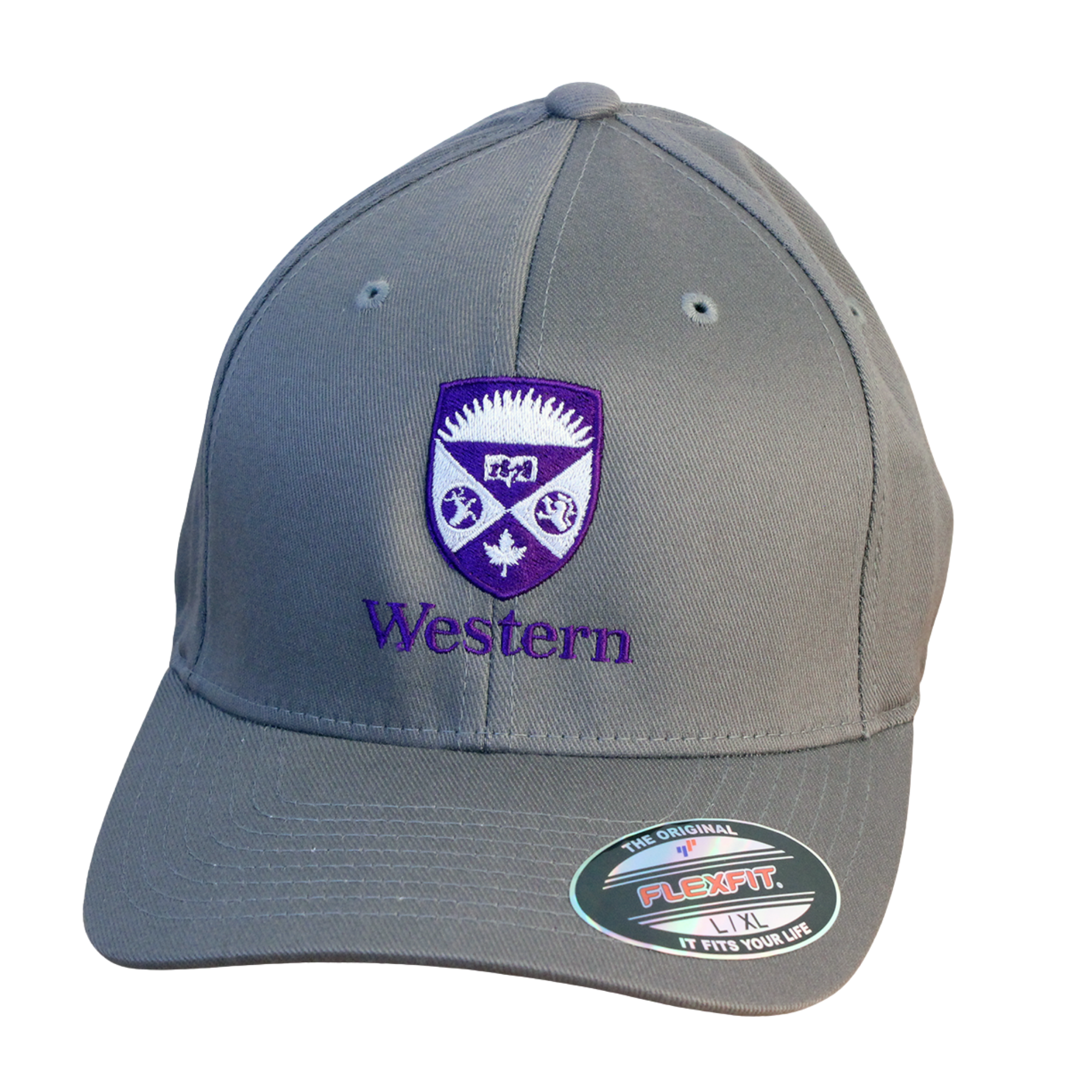 Grey flex fit cap in size large/extra large. The Western crest is embroidered in purple and white on the front.