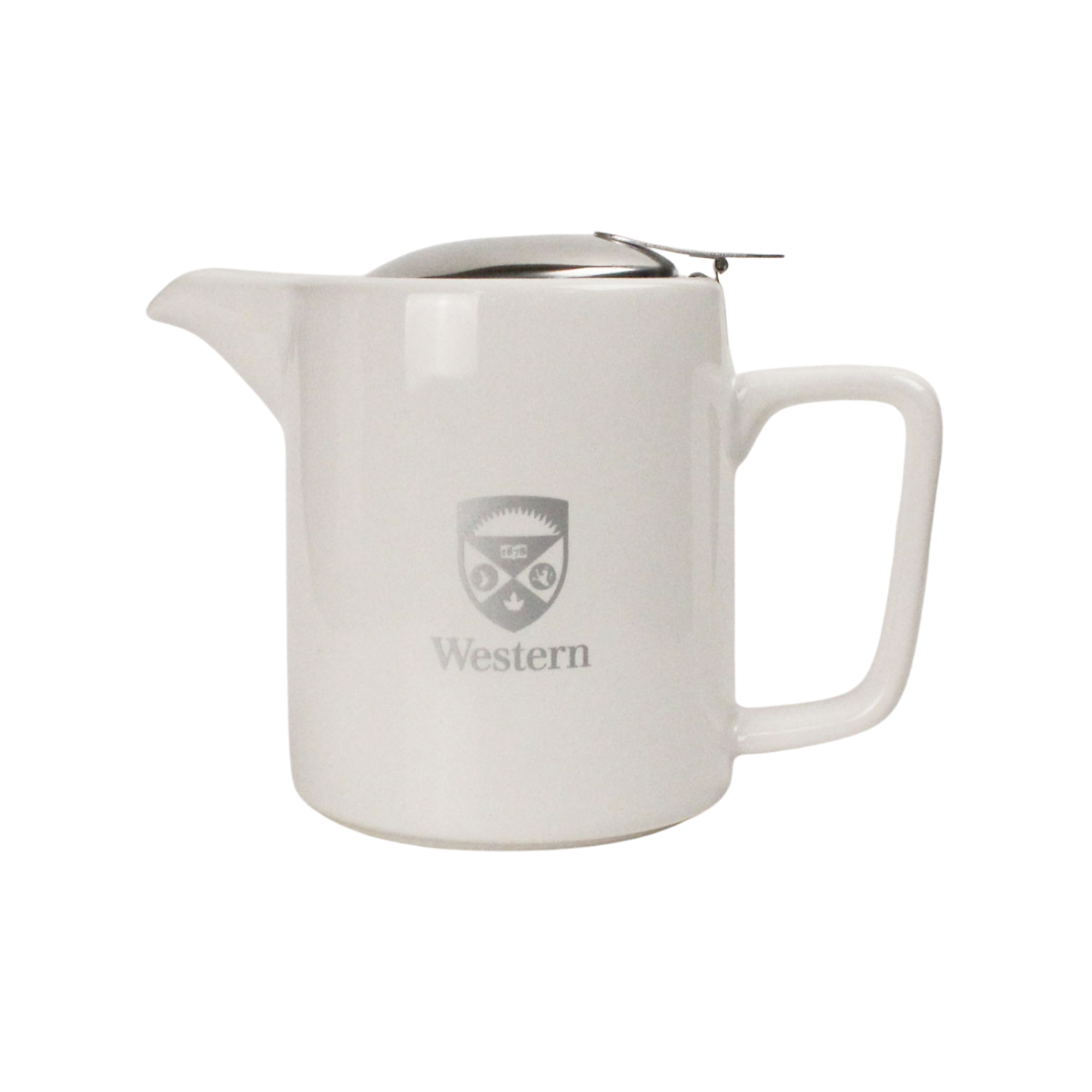 Ceramic teapot with strainer. Engraved Western Crest logo on the front. 16oz capacity. Comes packaged in a box.