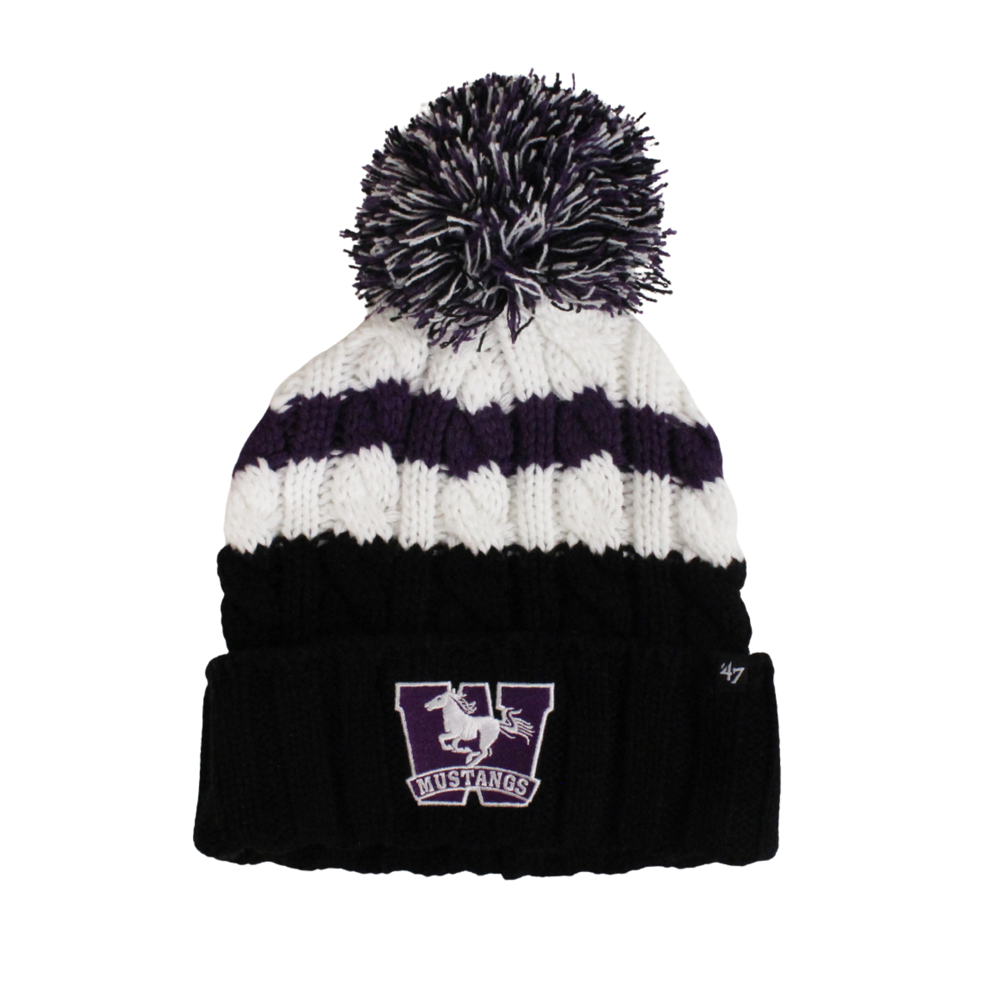 Black and white knit toque with pompom. The Mustangs logo is embroidered on the front in purple and white. One size.