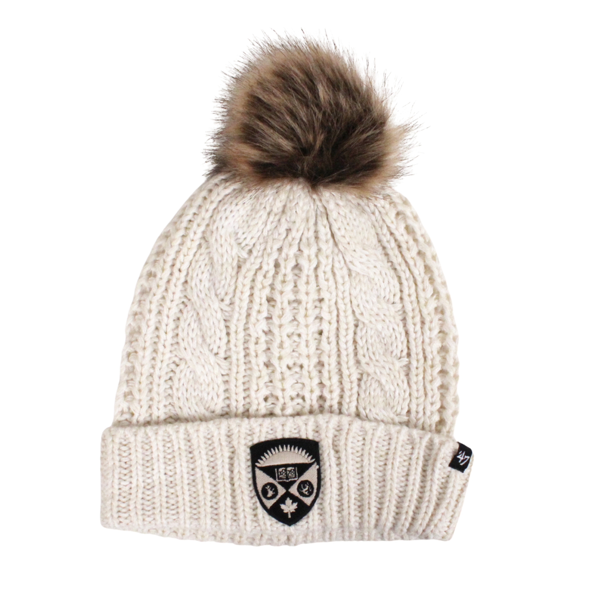 White knit toque with brown pom pom. The Western Crest logo is embroidered on the front in black. One size.