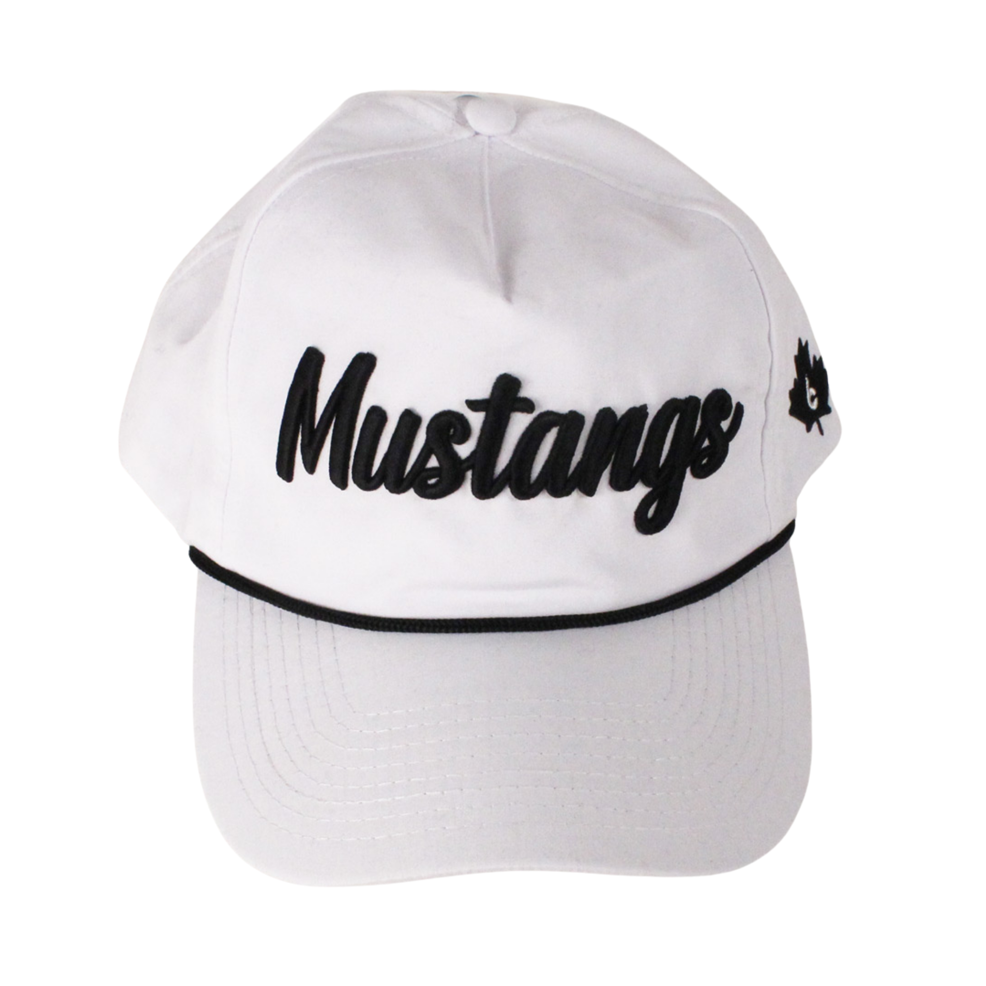 White cap with black rope across the brim. "Mustangs" script on the front in black.