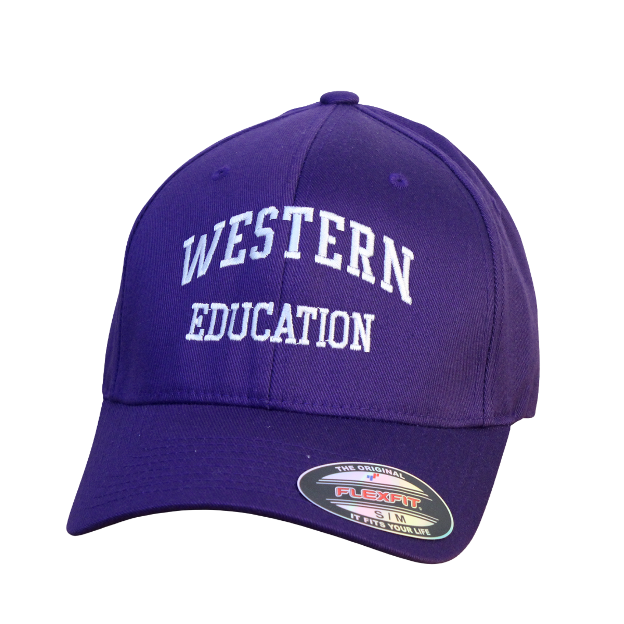 Purple flex fit cap in size small/medium. "Western Education" embroidered on the front in white.