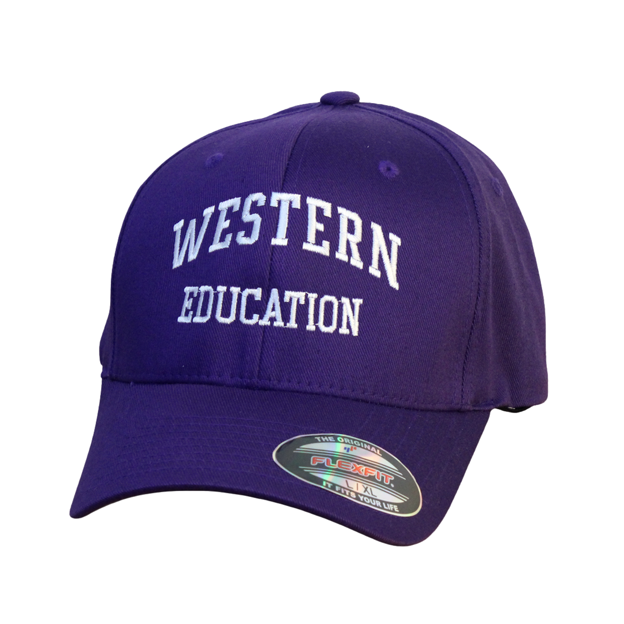 Purple flex fit cap in size large/extra large. "Western Education" embroidered on the front in white.