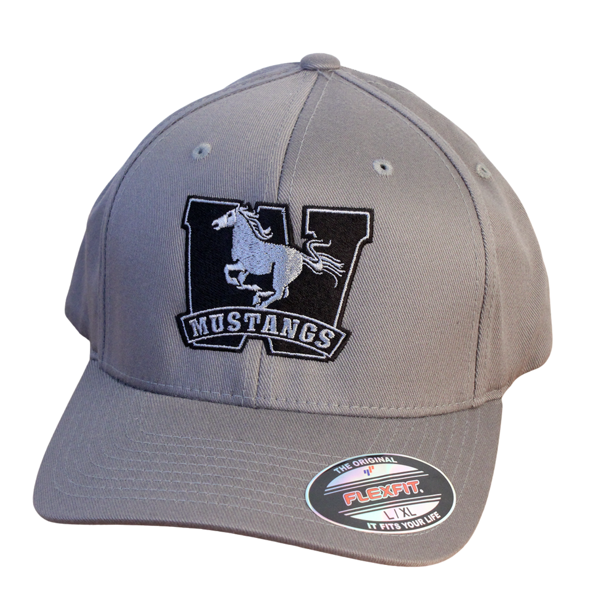 Grey flex fit cap in size large/extra large. The Mustangs logo is embroidered on the front in black and white.