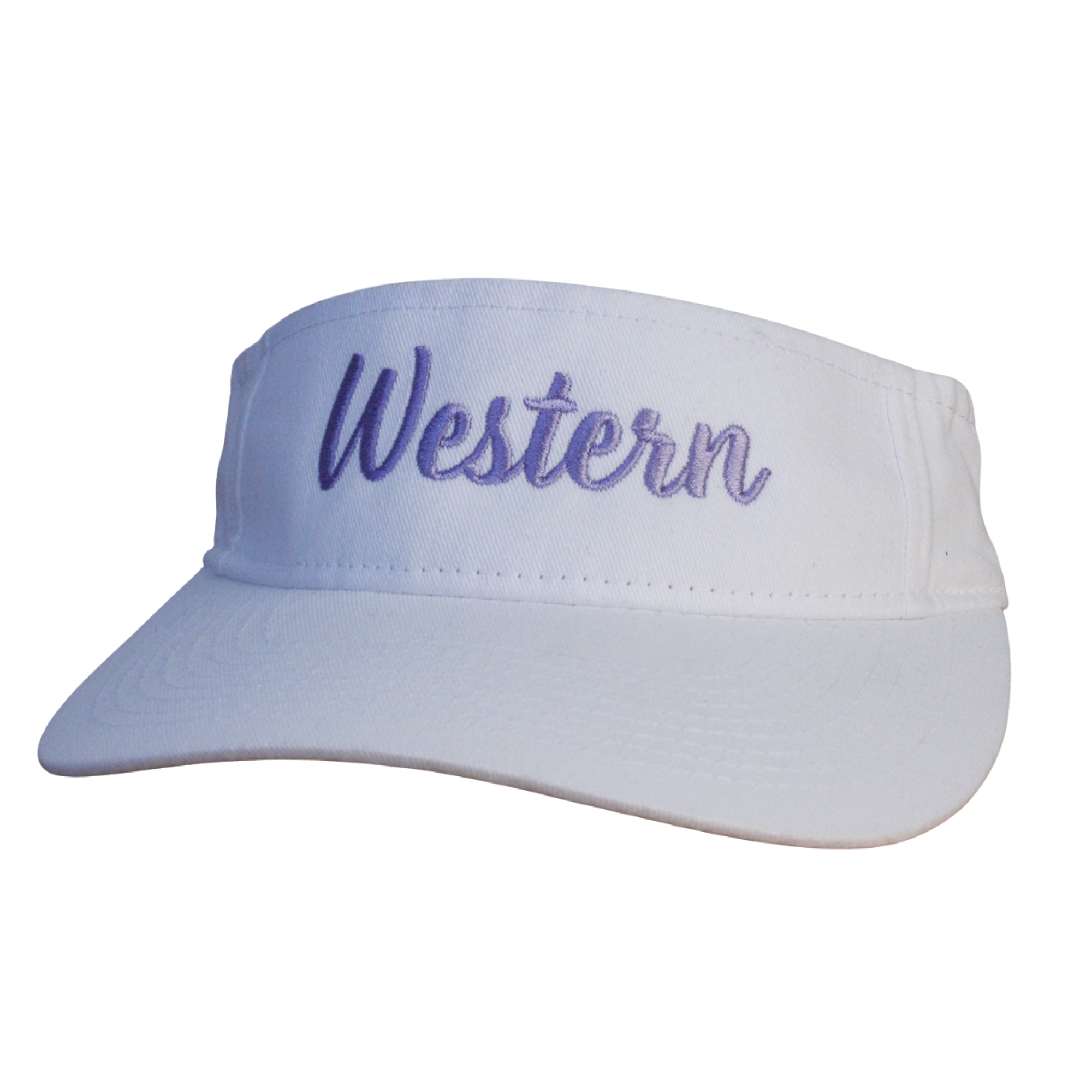 White visor with "Western" embroidered on the front in lilac. Adjustable. One size.