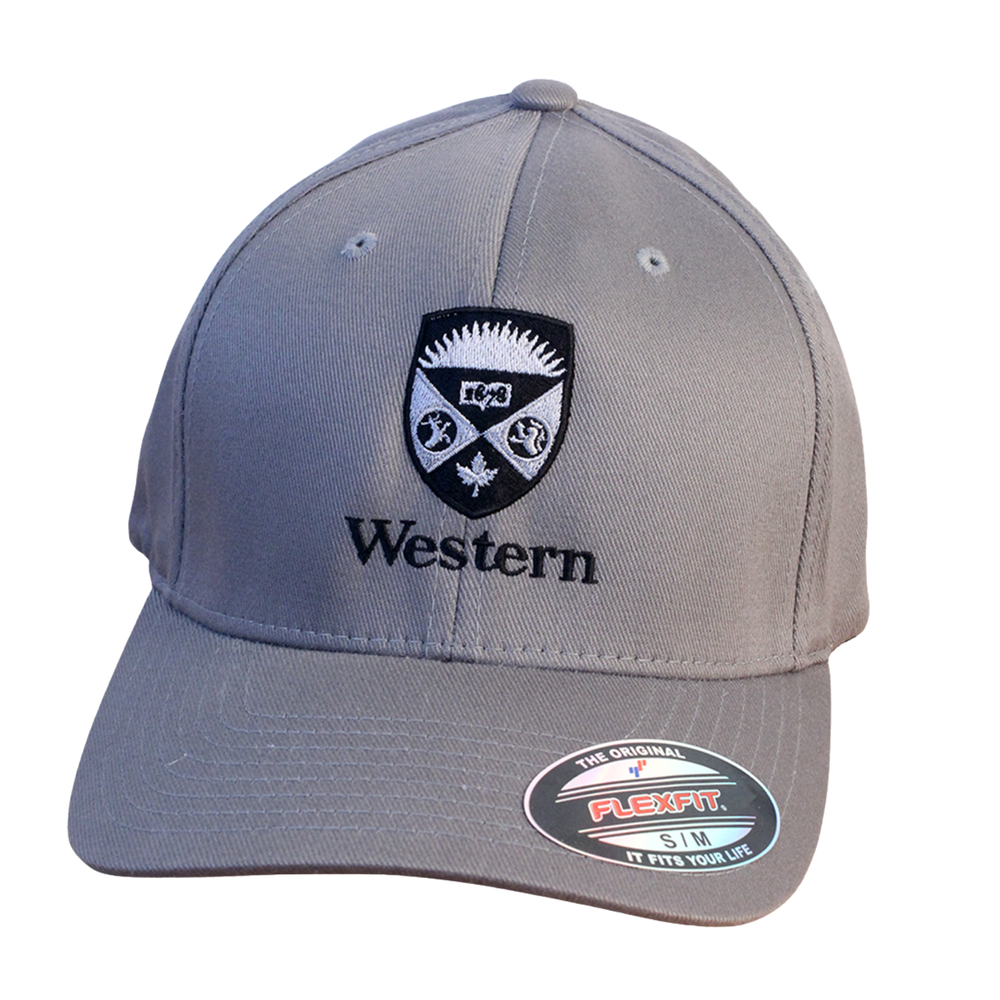 Grey flex fit cap in size small/medium. The Western Crest is embroidered in black and white on the front.
