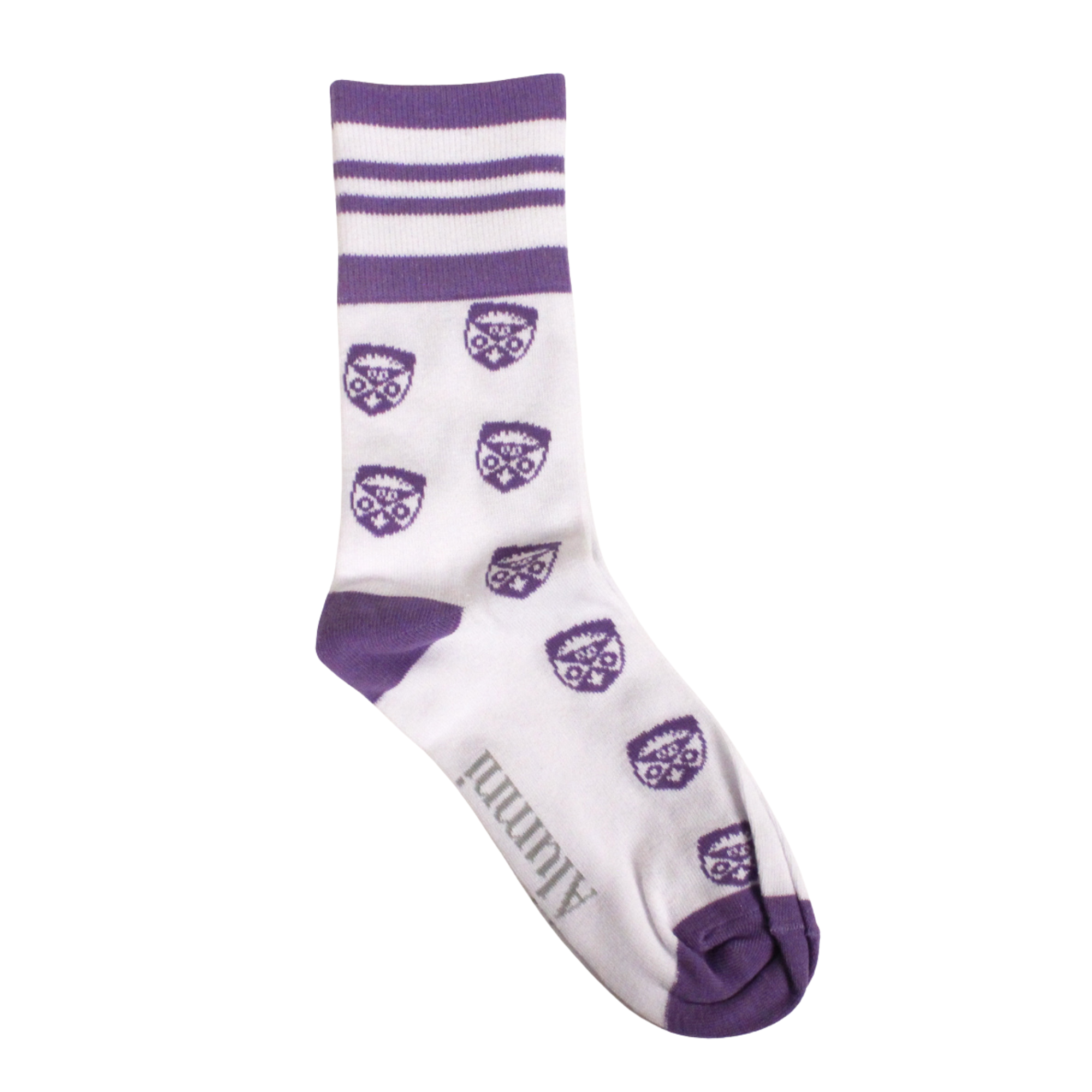 White socks with purple stripes and the Western Crest logo patterned throughout the sock. "Western Alumni" along the bottom of the foot.