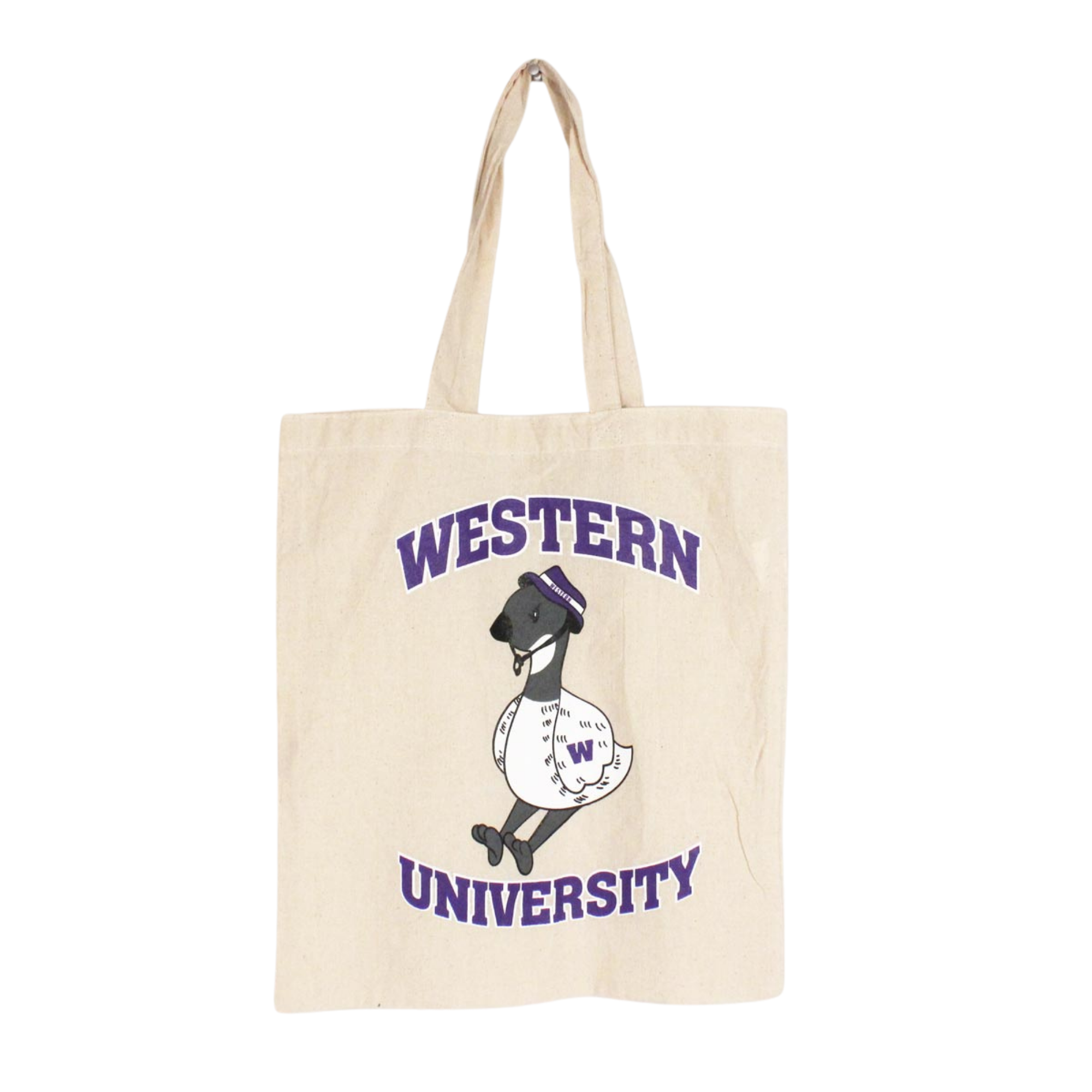 Beige tote bag with "Western University" script and Chase the Goose mascot printed on the front.