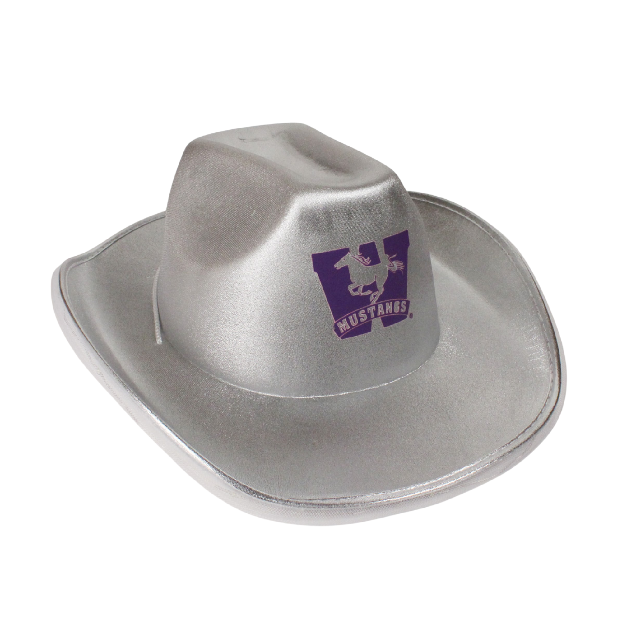 White Metallic cowboy hat that lights up. Mustangs logo printed on the front. Drawstring strap.