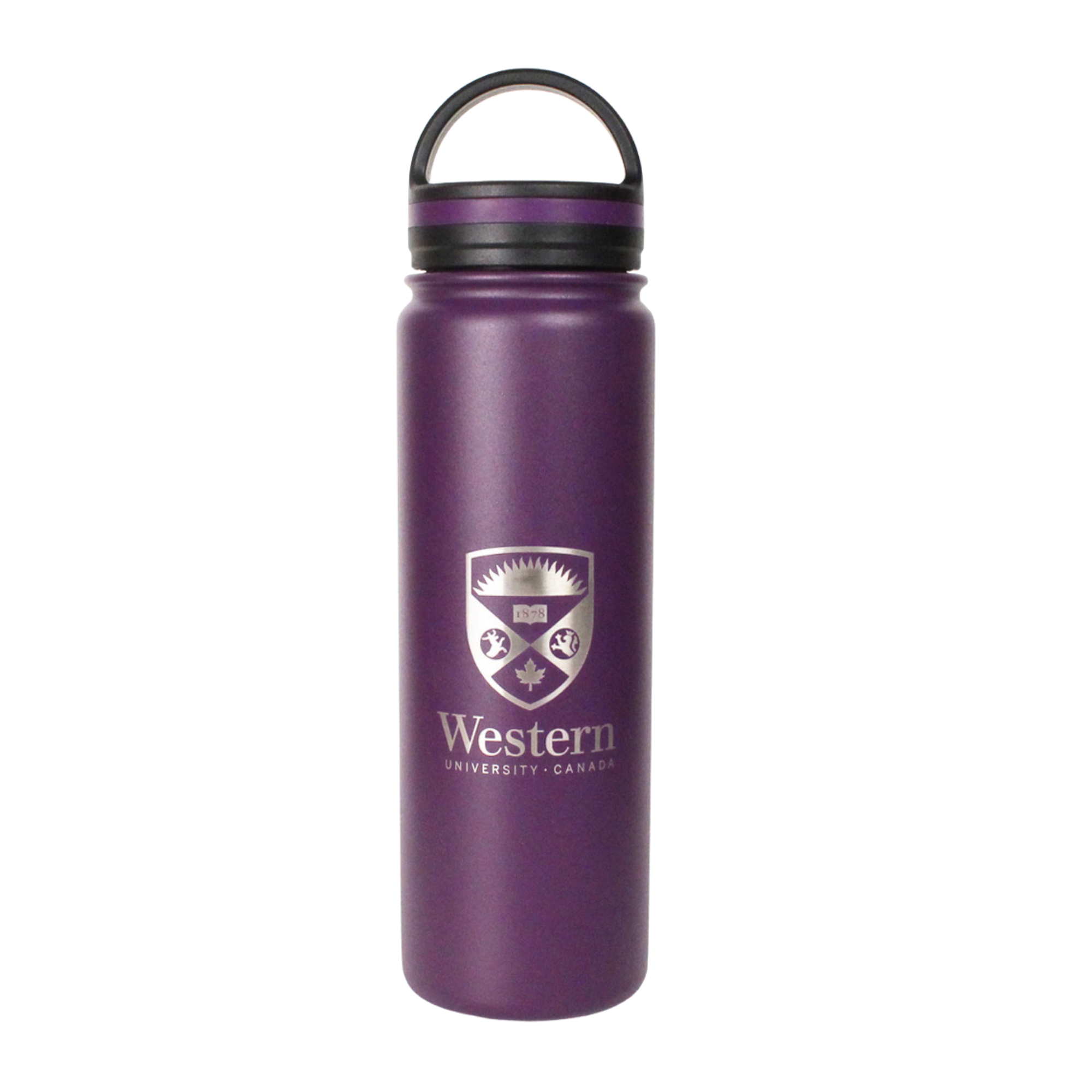 Purple stainless steel vacuum bottle with handled lid. The Western Crest logo is engraved on the front. 25 oz capacity.