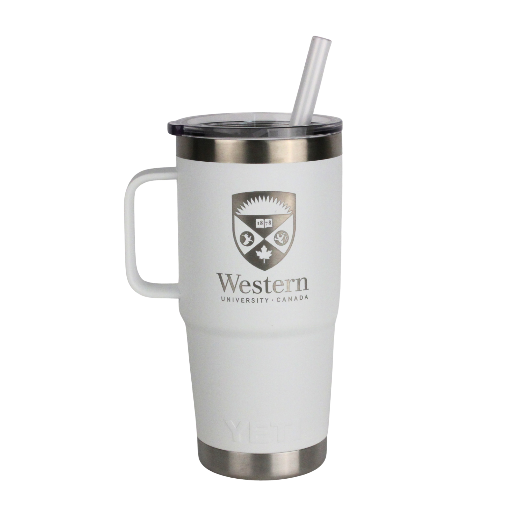 White rambler with handle and straw lid. The Western Crest logo is engraved on the front. 739 ml capacity.